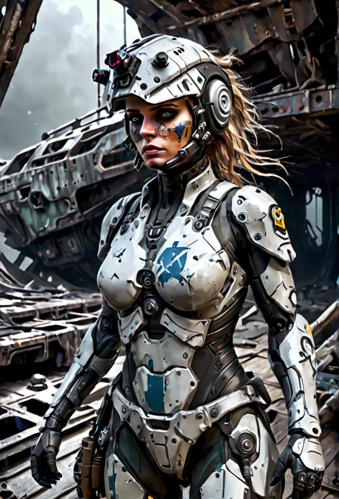 A stranded female Cyborg Soldier in an abandoned Battle Starship Shipwreck, dystopian futuristic scene, realistic style in Don Lawrence brush stroke, oil on canvas, octane render with dramatic lighting and strong shadows, her clothing is tattered and worn out, she has a scar or battle wound, she is wearing a futuristic helmet or visor, she has mechanical enhancements like cybernetic eyes, the shipwreck environment feels eerie and desolate, there is some broken machinery or equipment around her, and her expression is determined and battle-worn