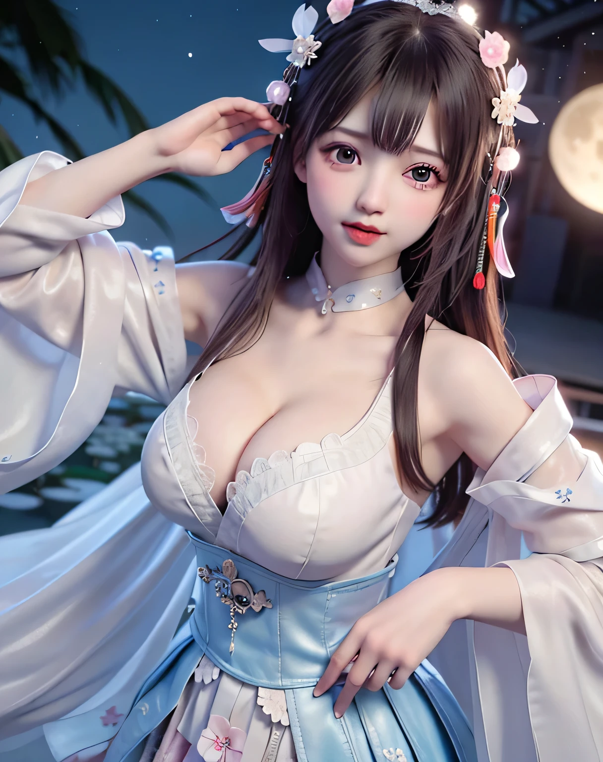 (8k, RAW photo:1.2), best quality, ultra high res,dramatic angle,(fluttered detailed color splashs), (illustration),(((1 girl))),(long hair),(rain:0.9), (Headdress:1.4),There is an ancient palace beside the girl,Hanfu,(Key Points),Color ink painting,(Splash of Color),Splash of Color,(((colorful))),(sketch:0.8) , Masterpiece, best quality, beautiful painted, highly detailed,(denoising:0.6),[splash ink],((ink refraction)), (beautiful detailed sky),moon,highly,detaild,(masterpiece, best quality, extremely detailed） CG Unity 8k Wallpaper，masterpiece，best quality，Ultra Detailed），（Lycoris）. hanfu open v   open V-chested clothes Thin silk lace dress , (huge ，cleavage),, white pink, blue ，best qualtiy，tmasterpiece，Ultra-high resolution，（Reality：1.4），RAW photogr，（True skin texture：1.3），（filmgrain：1.3），（Selfie angle），1个Giant Breast Girl，Beautiful eye and face details，tmasterpiece，Best quality at best，，The chest more exposed， detailed hair, bra pink , detail 8k, upper body, lace petticoat