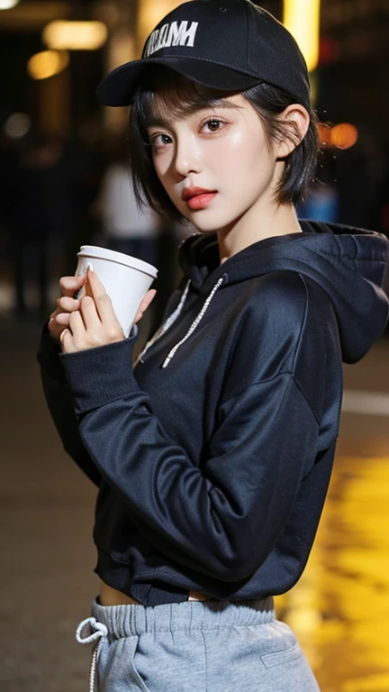highest quality,whole body,woman,Blunt bangs,Black Hair,Short Crop Hair,Shiny Hair,With big eyes、tea,bright、Has a lively expression,健康的でbright肌の色,Small Mouth,Thick lips,Big Breasts,The thighs are a little thicker,Looking at the camera,Cinema Lighting,Long hoodie,Small Ass,hair band,Shorts,Both hands are in the stomach pockets of his hoodie,Baseball cap,sunglasses,
