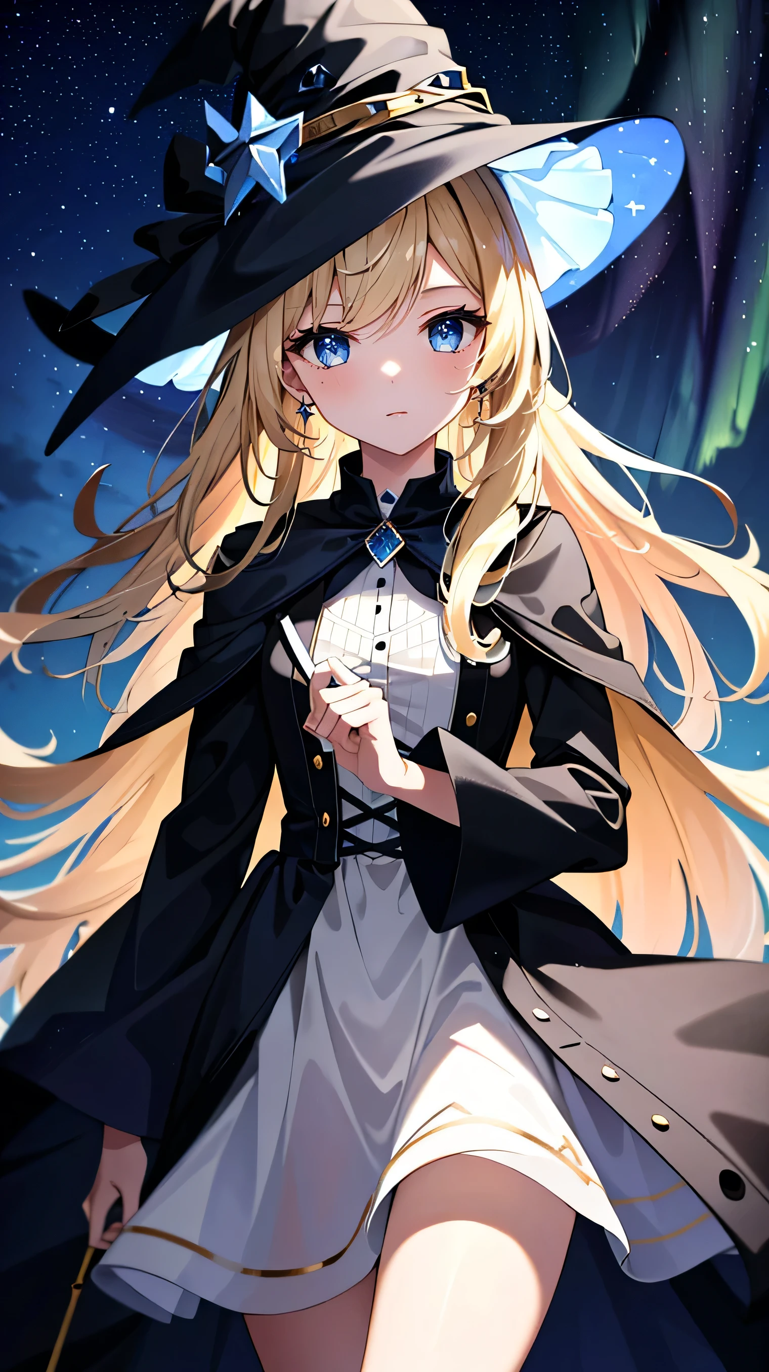 ((Masterpiece:1.2, Best quality)), 1girll, Solo, (Witch hat), Blonde hair, Long hair, dress, aurora, Night, Star (sky), mitts, sky, White dress, Night days
