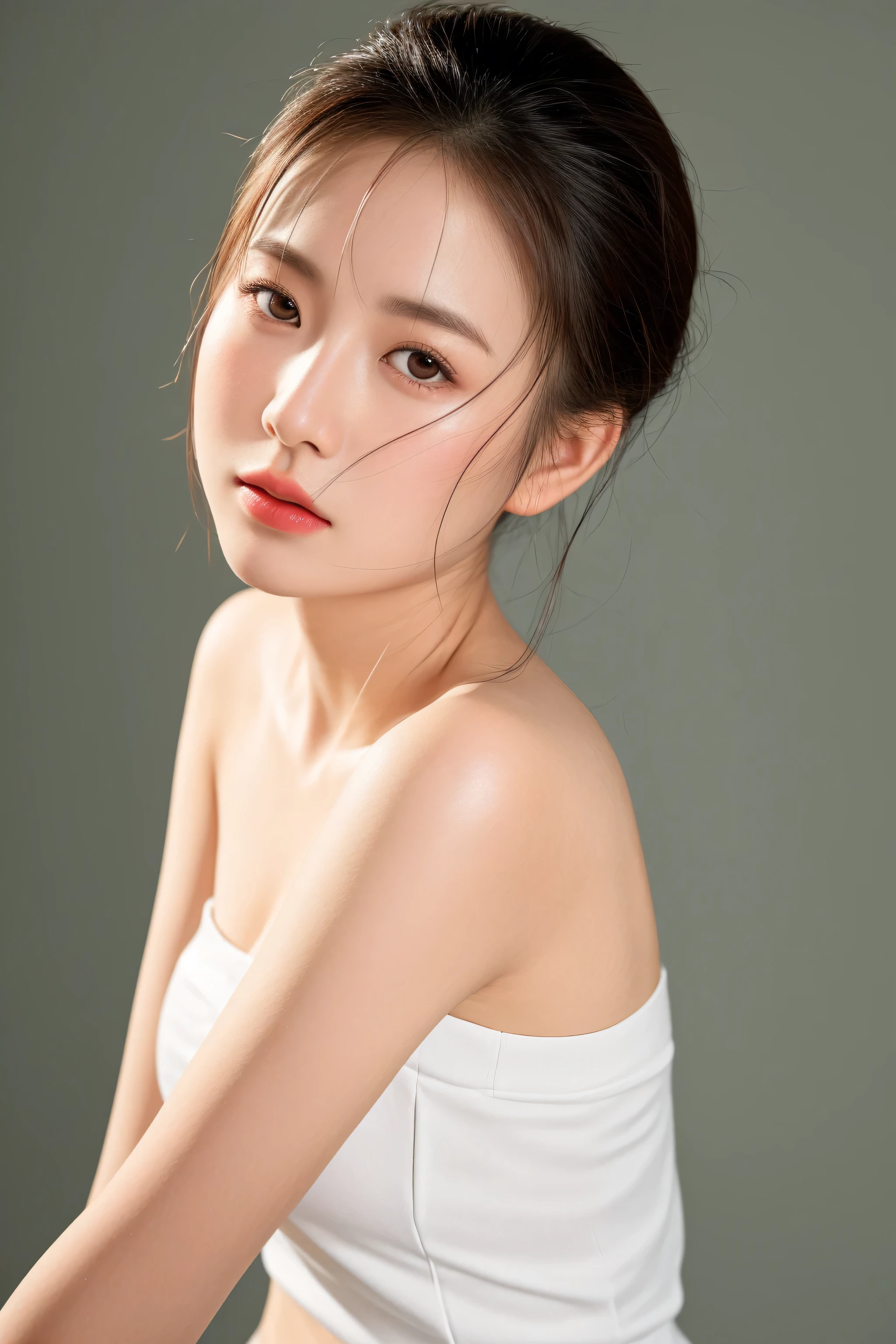 arafed asian woman in a white top posing for a picture, gorgeous young korean woman, a young asian woman, beautiful young korean woman, close - up studio photo, young beautiful woman, beautiful young asian woman, young cute wan asian face, young asian woman, soft portrait shot 8 k, gorgeous chinese model, woman with porcelain skin, an asian woman