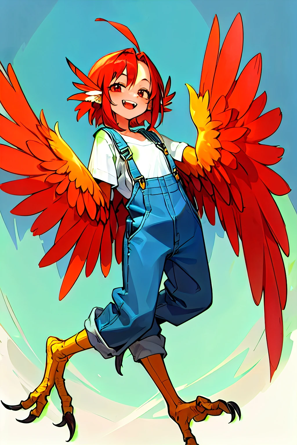 Harpy, Flat Chest, girl, Brightly colored feathers, Red Hair, Red Wings, Red feathers, smile, (White shirt and blue overalls) Forest Background, Big Wings, Showing teeth, whole body