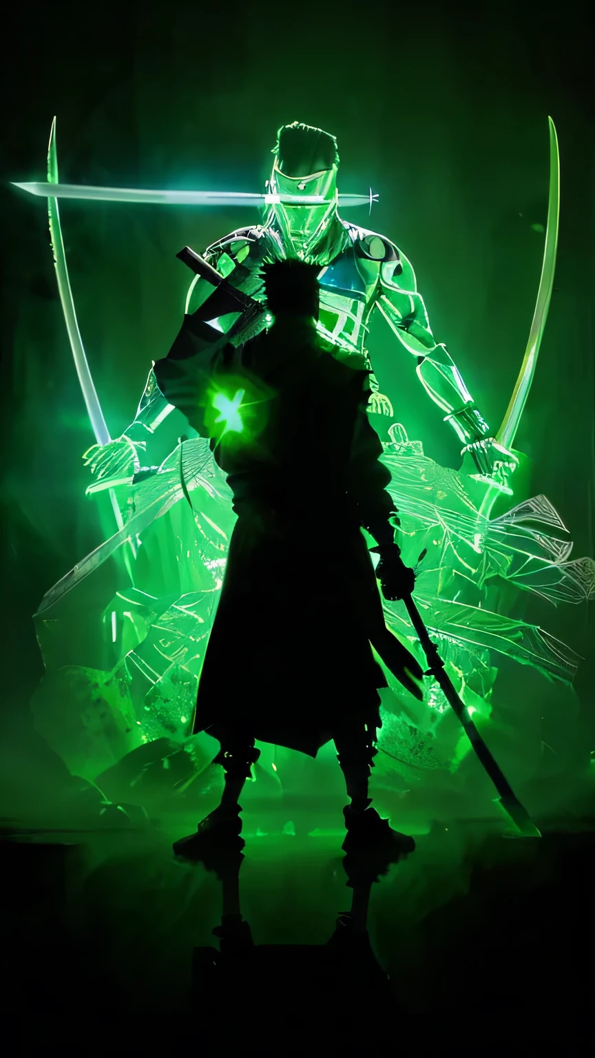 a silhouette of a man holding two swords in front of a green light, roronoa zoro, neon samurai, glowing green soul blade, glowing sword, samurai jedi, swordsman, green glows, cthulhu samurai, glowing sword in hand, dramatic green lighting, green glow, with a green cloak, green lightsaber, character silhouette