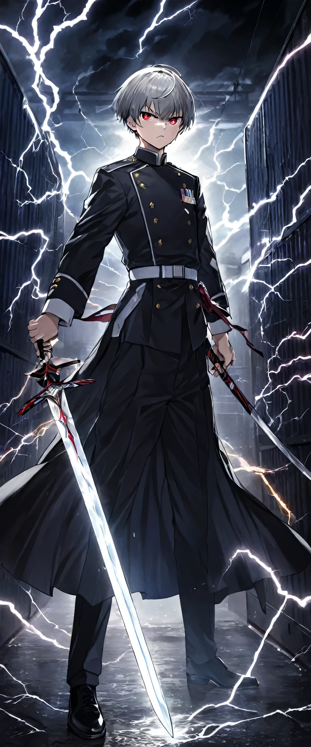 panoramic, ((Outlaw:1.4 style and sword fighting stance)) ((in a butler uniform)), (hand holding big sword gripping sword on hand), (solo silver short hair divine sword man boy, 16 yo, detailed red eyes, angry:1.4 serious face) is (Slashing sword with lightning), break, (in the Underground container, in night, background many Villain), BREAK, perfect anatomy, masterpiece, best quality, 16k.