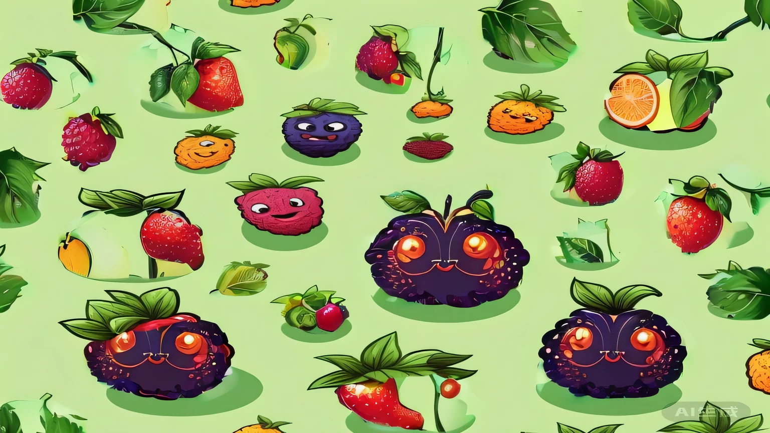 Cute anthropomorphic image of mulberry, Lovely artwork, wallpaper!, background technologywork, Lovely and detailed digital art, Tileable, fruit eyes, Cute digital art, sentient fruit, fruit world, sprite sheet, fruit, background technology, fruits