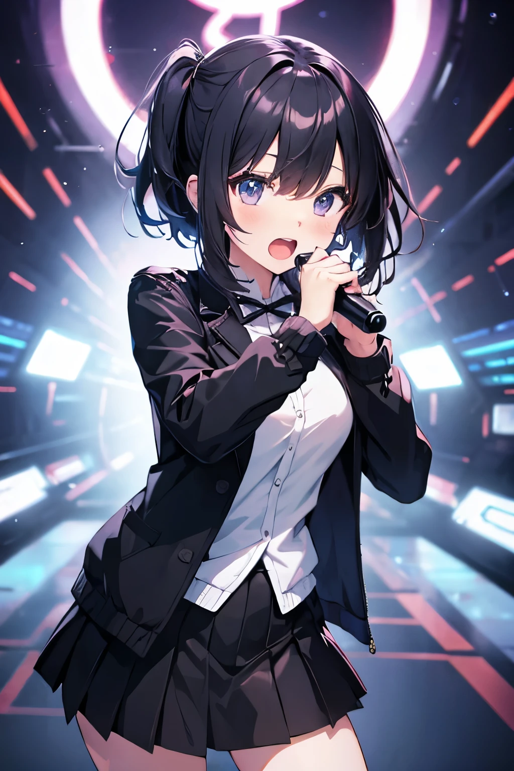 anime girl in a short skirt and jacket with a black jacket, anime moe artstyle, 4 k manga wallpaper, singing girl, shouting, cool