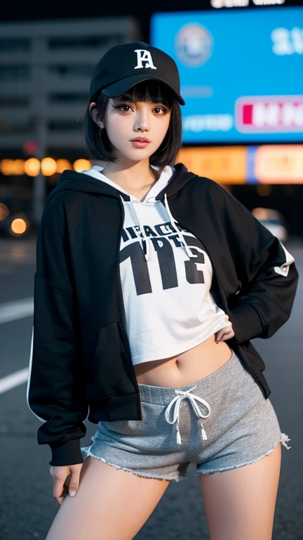 highest quality,whole body,woman,Blunt bangs,Black Hair,Short Crop Hair,Shiny Hair,With big eyes、tea,bright、Has a lively expression,健康的でbright肌の色,Small Mouth,Thick lips,Big Breasts,The thighs are a little thicker,Looking at the camera,Cinema Lighting,Long hoodie,Small Ass,hair band,Shorts,Both hands are in the stomach pockets of his hoodie,Baseball cap,