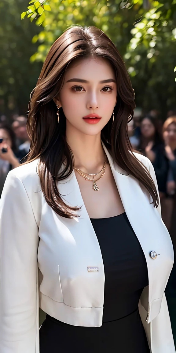 1,Beautiful girl, (black dress and white jacket),long hair, brown hair,brown eyes,earring,necklace, bracelet,outdoors, detailed face, detailed eyes, huge breasts, shiny skin, looking at the audience, (8k, RAW photo, best quality, masterpiece: 1.2), (realistic, realistic: 1.37), ultra-high resolution