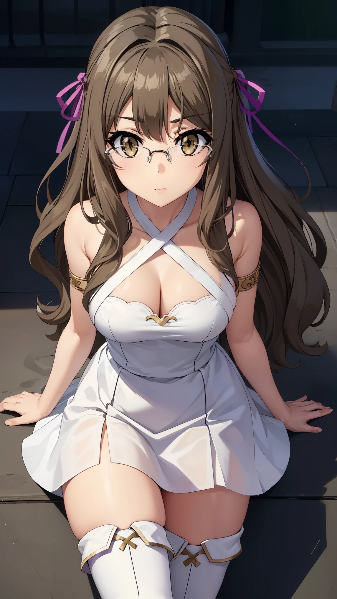 riofutaba, rio futaba, black-framed eyewear, (brown eyes:1.7), glasses, (grey hair:1.2), hair between eyes, over-rim eyewear, semi-rimless eyewear, long hair, sidelocks, 
BREAK (hair ribbon, circlet, halterneck, criss-cross halter, white and purple dress, armlet, white skirt, thigh boots:1.2),
BREAK angry looking face、Shyness、up chest、solo,、breastsout(camel's toe)、highleg,
BREAK (masterpiece:1.2), best quality, high resolution, unity 8k wallpaper, (illustration:0.8), (beautiful detailed eyes:1.6), extremely detailed face, perfect lighting, extremely detailed CG, (perfect hands, perfect anatomy),