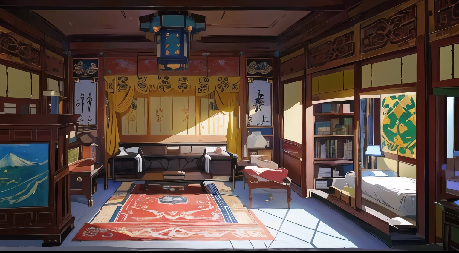 There is a room with a bed, A sofa, A carpet and a painting, Relaxation concept art, Anime landscape concept art, interior background technology, Madhouse Studios Anime Style, anime background technology, Personal room background, Studio Ghibli bedroom, Beautiful rendering of the Tang Dynasty, background technology, RPG Maker style bedroom, Traditional Japanese concept art, Created by senior environment artists