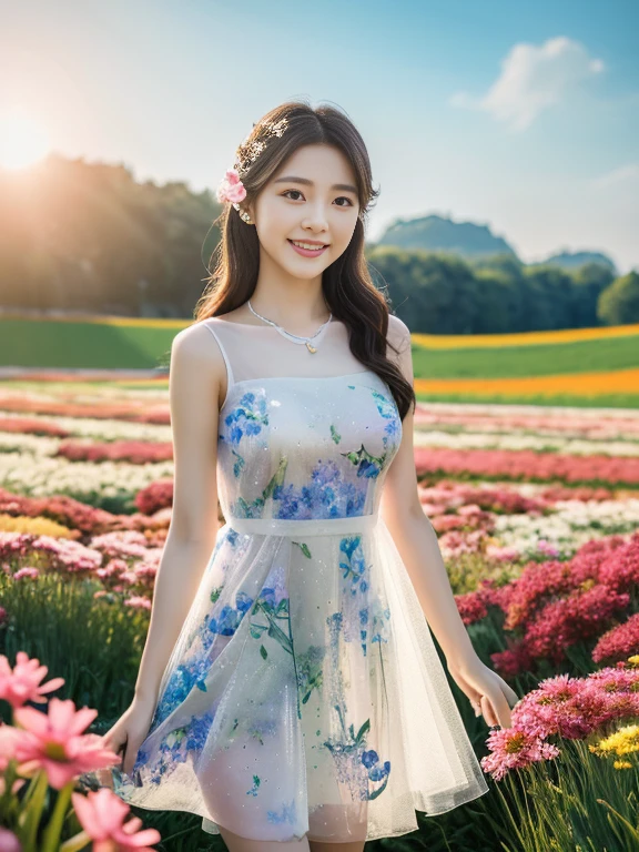 22 years Beautiful korean Girl, masterpiece, best quality, official art, extremely detailed CG unity 8k wallpaper, Ray Tracing, highly detailed, absurdres, Panorama, Depth of field, telephoto lens, angel, looking afar, looking to camera man, in spring, sunset, rainbow, (((flower field))), (((flower sea))), Tyndall effect, 100% Realistic, ((Realistic)), (paper figure),((impasto)),(shiny skin), (water color),bloom effect,detailed beautiful grassland with petal,flower,butterfly,necklace,smile,petal, ((Simple Sparkling A-Line Wedding Party Dresses Sweetheart Tulle Mini Homecoming Gown Party Dress)), ((Dress Women Chic Floral Print Sleeveless Slim Korean Fashion Dress)), ((Hylee Floral Coquette Dress - XS)), Perfect body figure, Beautiful Smile, Cinematic photography, Sexy angles, Stylish poses, 4 Different poses, 64k , high resolution picture quality, very clear body figure, Flowers in hand, Flowers on Hair, Full body shot