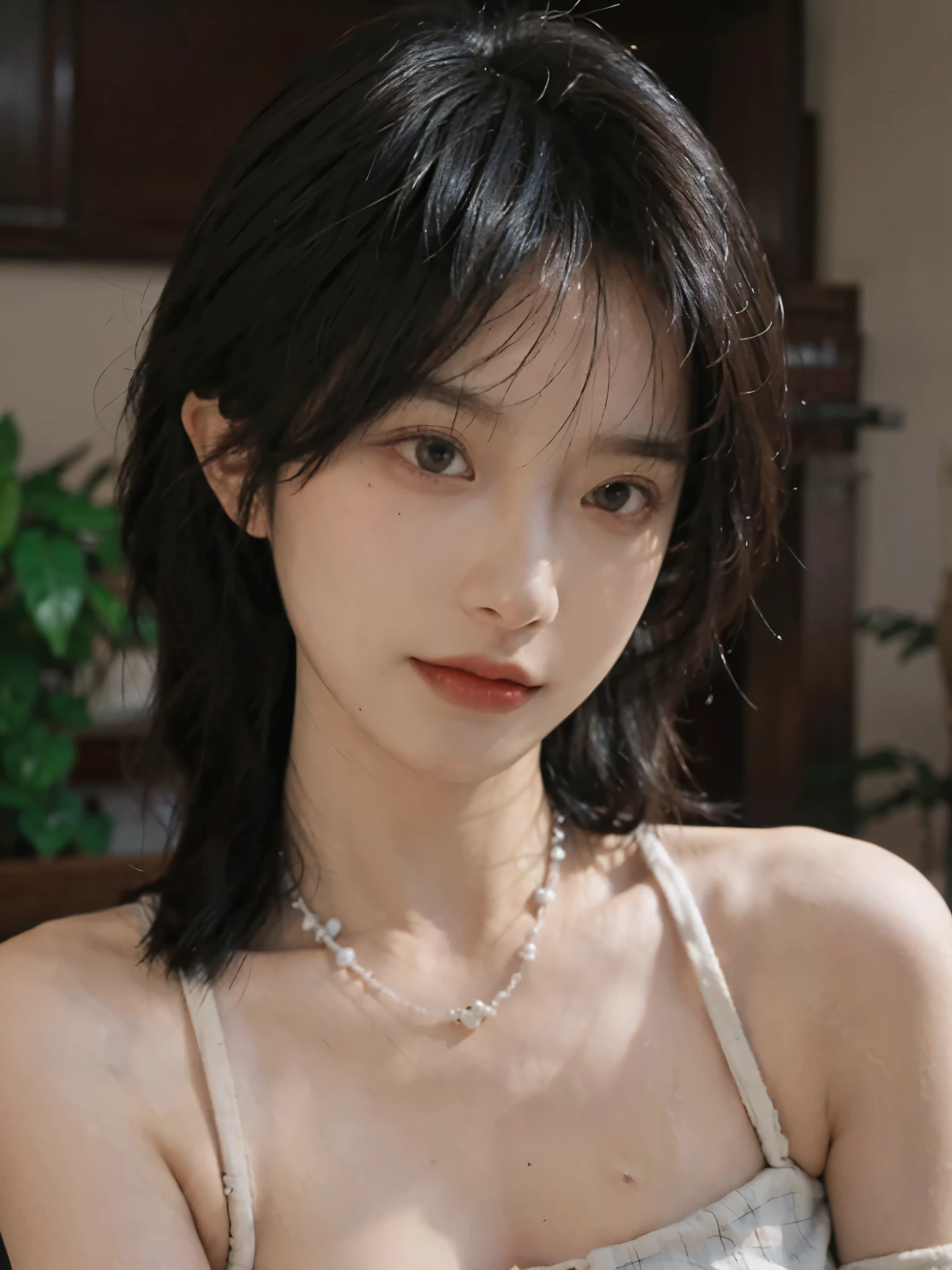 Film portrait photography, 1 girl, bare shoulders,lipstick,(flat chest:1.4), wear necklace,Cute expression,Exquisite makeup,Red suspenders,serene, calm, (Realistic and detailed eyes, natural skin texture, Realistic facial details), Soft dramatic lighting, depth of field, Bokeh, Vibrant details, Detailed and detailed, surreal, 35mm film, hazy, ,