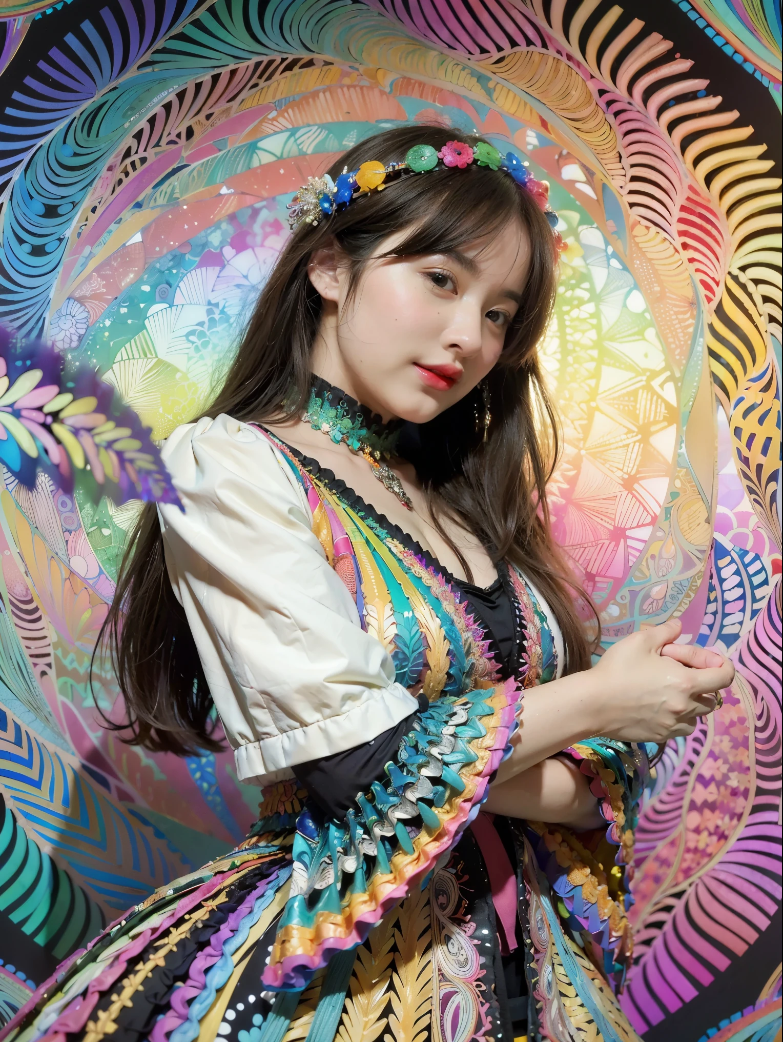 (masterpiece, top quality, best quality, official art, beautiful and aesthetic:1.2), (1girl:1.3), extremely detailed,(fractal art:1.2),colorful,highest detailed,(zentangle:1.2), (dynamic pose), (abstract background:1.5), (treditional dress:1.2), (shiny skin), (many colors:1.4), upper body