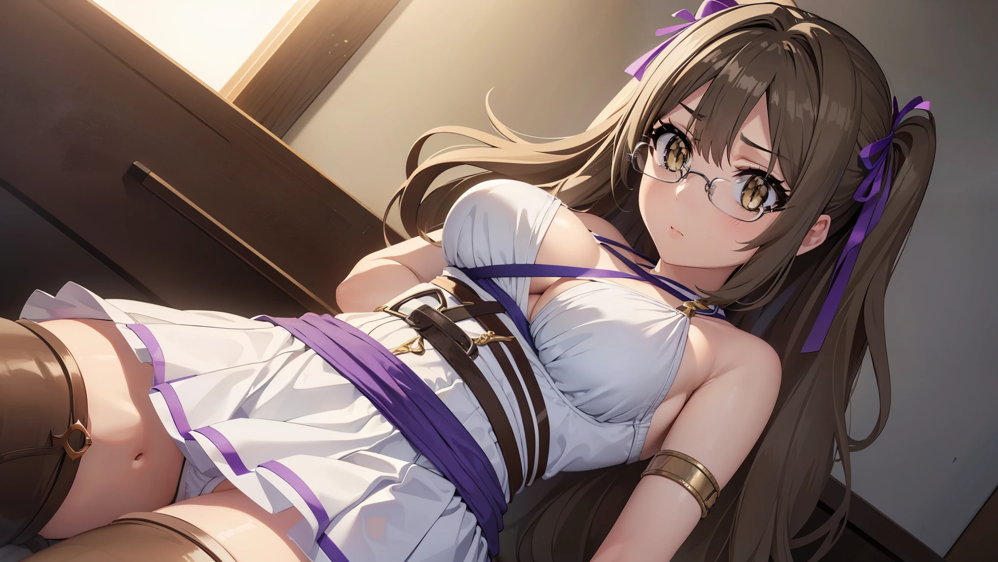 riofutaba, rio futaba, black-framed eyewear, (brown eyes:1.7), glasses, (grey hair:1.2), hair between eyes, over-rim eyewear, semi-rimless eyewear, long hair, sidelocks, 
BREAK (hair ribbon, circlet, halterneck, criss-cross halter, white and purple dress, armlet, white skirt, thigh boots:1.2),
BREAK angry looking face、Shyness、up chest、solo,、breastsout(camel's toe)、highleg,
BREAK (masterpiece:1.2), best quality, high resolution, unity 8k wallpaper, (illustration:0.8), (beautiful detailed eyes:1.6), extremely detailed face, perfect lighting, extremely detailed CG, (perfect hands, perfect anatomy),