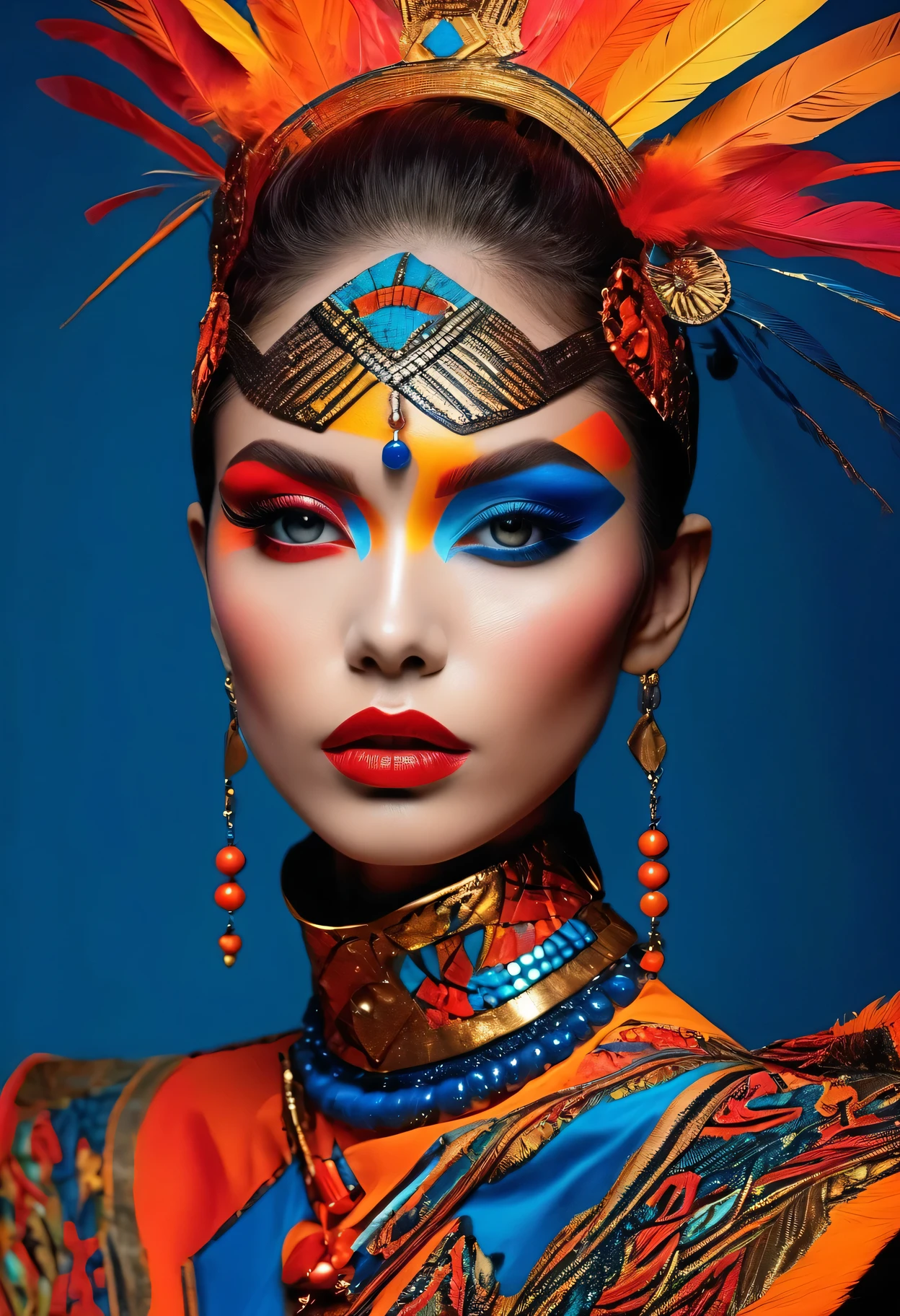 Professional fashion photography of people with innovative makeup, Supermodel, Detailed beautiful face, Aesthetic, Tribal Makeup, sex makeup, Avant-garde cosmetics, bold color palette, artistic face makeup, The beauty of the future, High Fashion Makeup Style, striking facial features, creative makeup art, Abstract Beauty, surreal details, Vibrant and unconventional makeup, beauty innovation, Cutting-edge makeup technology, Best quality, high quality, masterpiece, Flat Color, State-of-the-art lighting technology, High Dynamic Range, Bright and accurate colors, of color schemes, Meticulous attention to detail, visually stunning, Emotionally engaging, In sharp contrast, Digital Quality, Cinema quality, subtle shading, Complex shadows, Depth of immersion, Advanced rendering, Depth of Field, Clear focus, Depth and perspective, Bokeh, Film Grain,