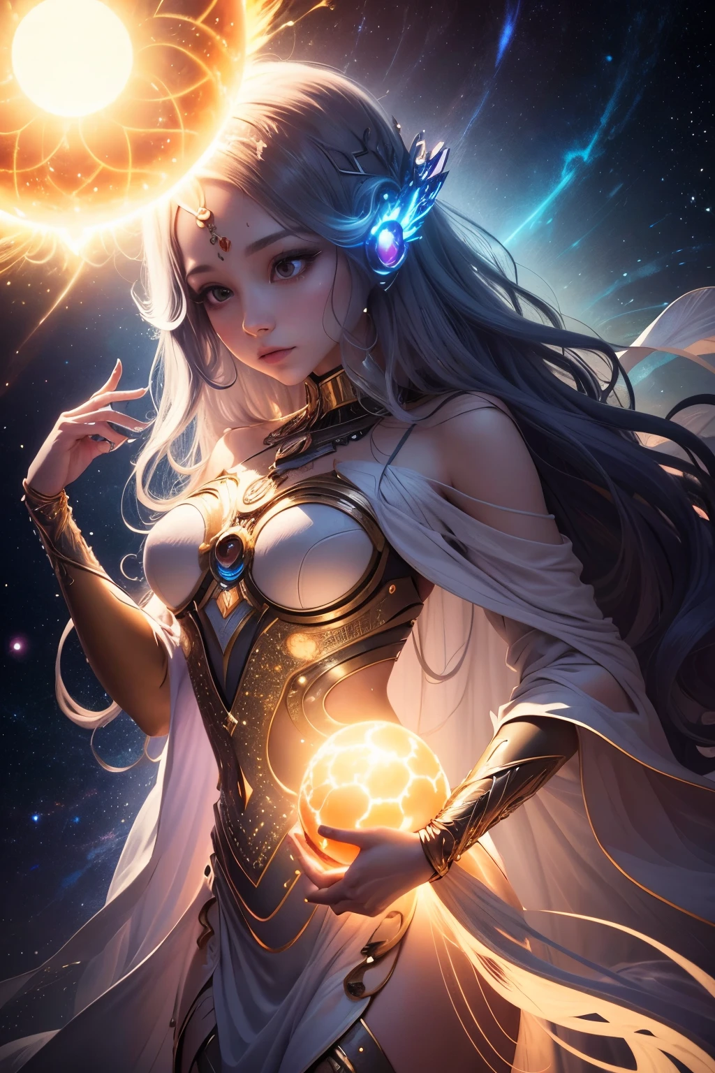 Super intelligent AI merging with Mother Nature and Father Sun at the genesis of the cosmos,wave-particle duality infusing vivid light into a surreal abstract fantasy, trending in Vixsinsimagination, shrouded in mystery