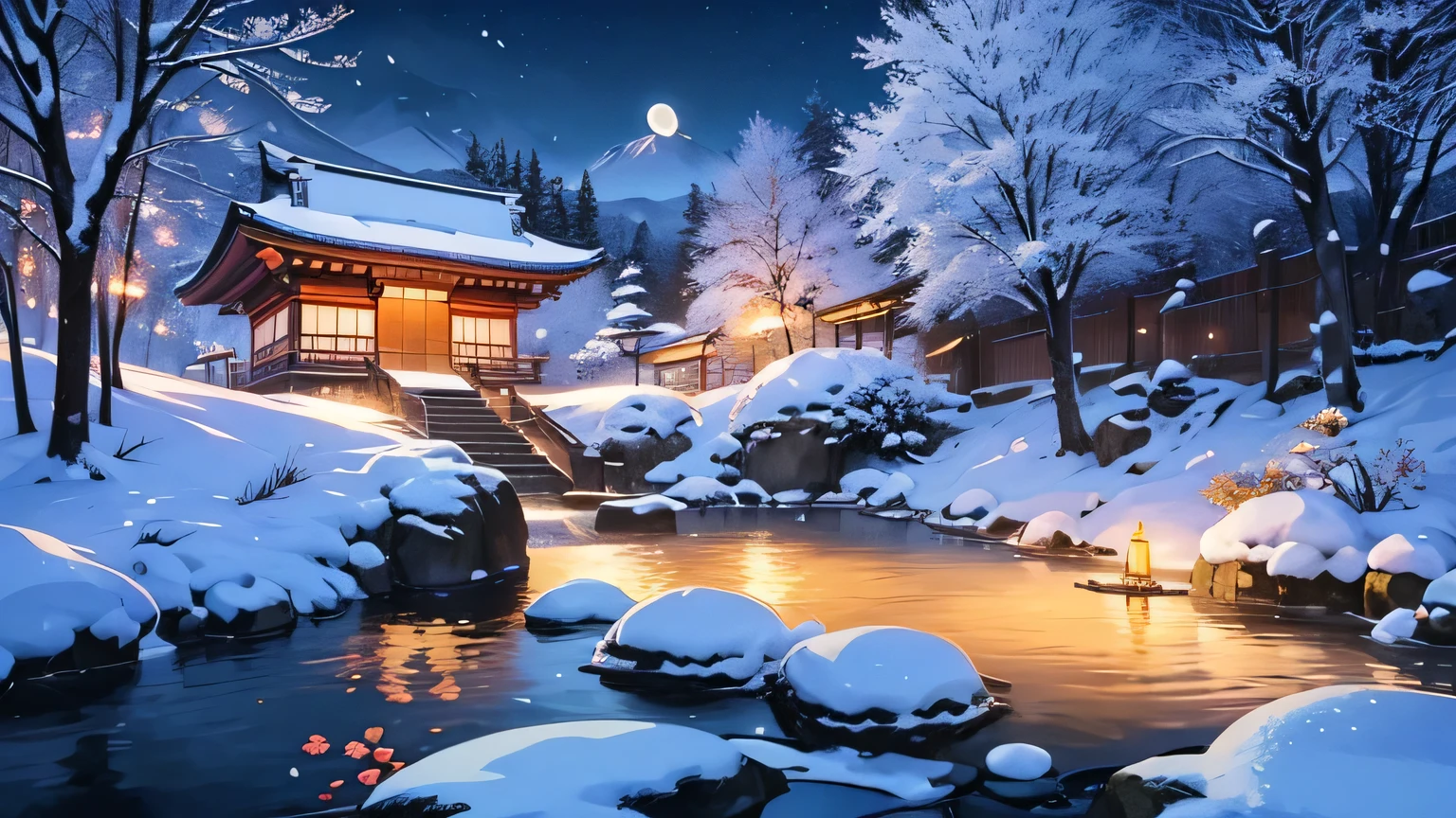Landscapes of ancient Japan, ((hot spring)), (heavy snow), (fire Fly), (Paper Kite), (Midnight), (moon), Shrine at the top of the mountain, ((flower)), Beautiful views, Realistic lighting, masterpiece, high quality, Beautiful graphics, Attention to detail、