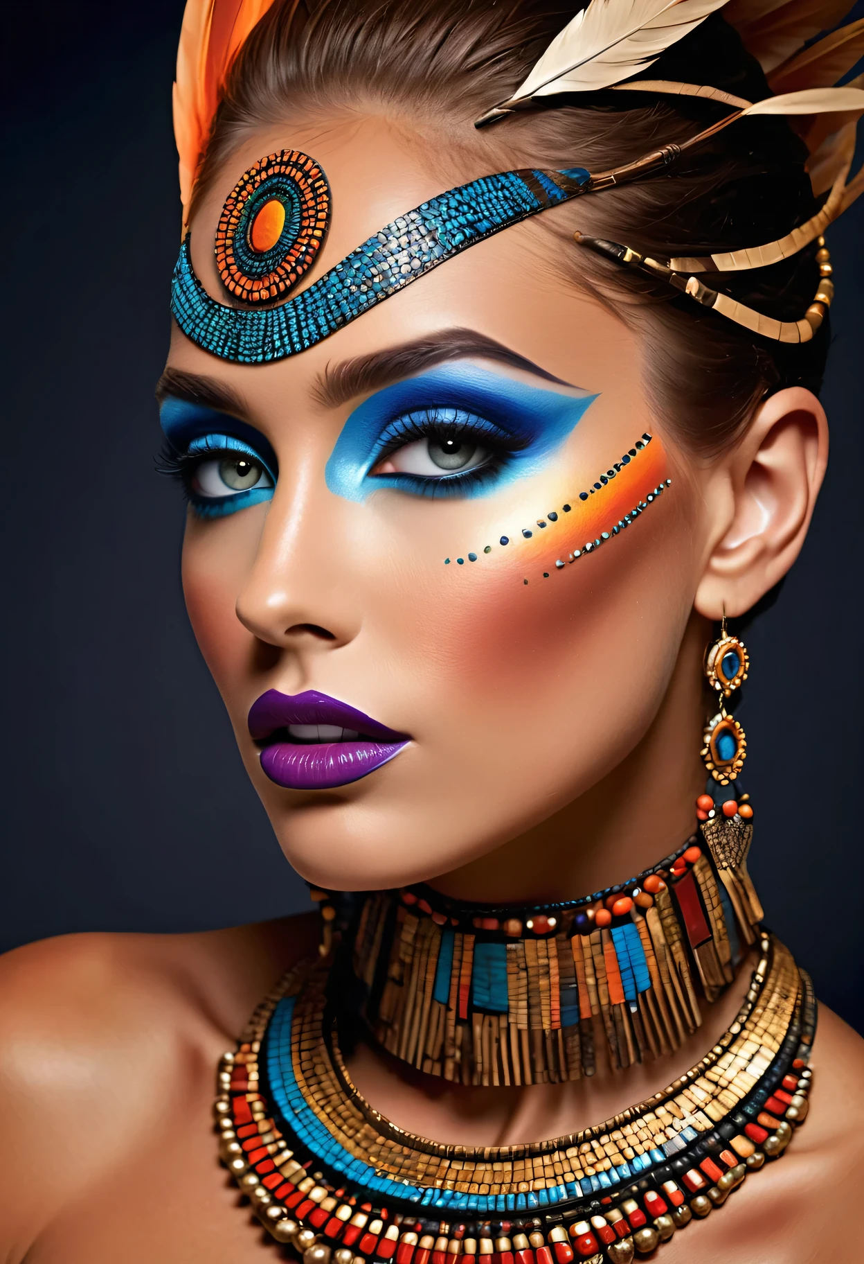 Professional fashion photography of people with innovative makeup, Supermodel, Detailed beautiful face, Aesthetic, Tribal Makeup, sex makeup, Avant-garde cosmetics, bold color palette, artistic face makeup, The beauty of the future, High Fashion Makeup Style, striking facial features, creative makeup art, Abstract Beauty, surreal details, Vibrant and unconventional makeup, beauty innovation, Cutting-edge makeup technology, Best quality, high quality, masterpiece, Flat Color, State-of-the-art lighting technology, High Dynamic Range, Bright and accurate colors, of color schemes, Meticulous attention to detail, visually stunning, Emotionally engaging, In sharp contrast, Digital Quality, Cinema quality, subtle shading, Complex shadows, Depth of immersion, Advanced rendering, Depth of Field, Clear focus, Depth and perspective, Bokeh, Film Grain,