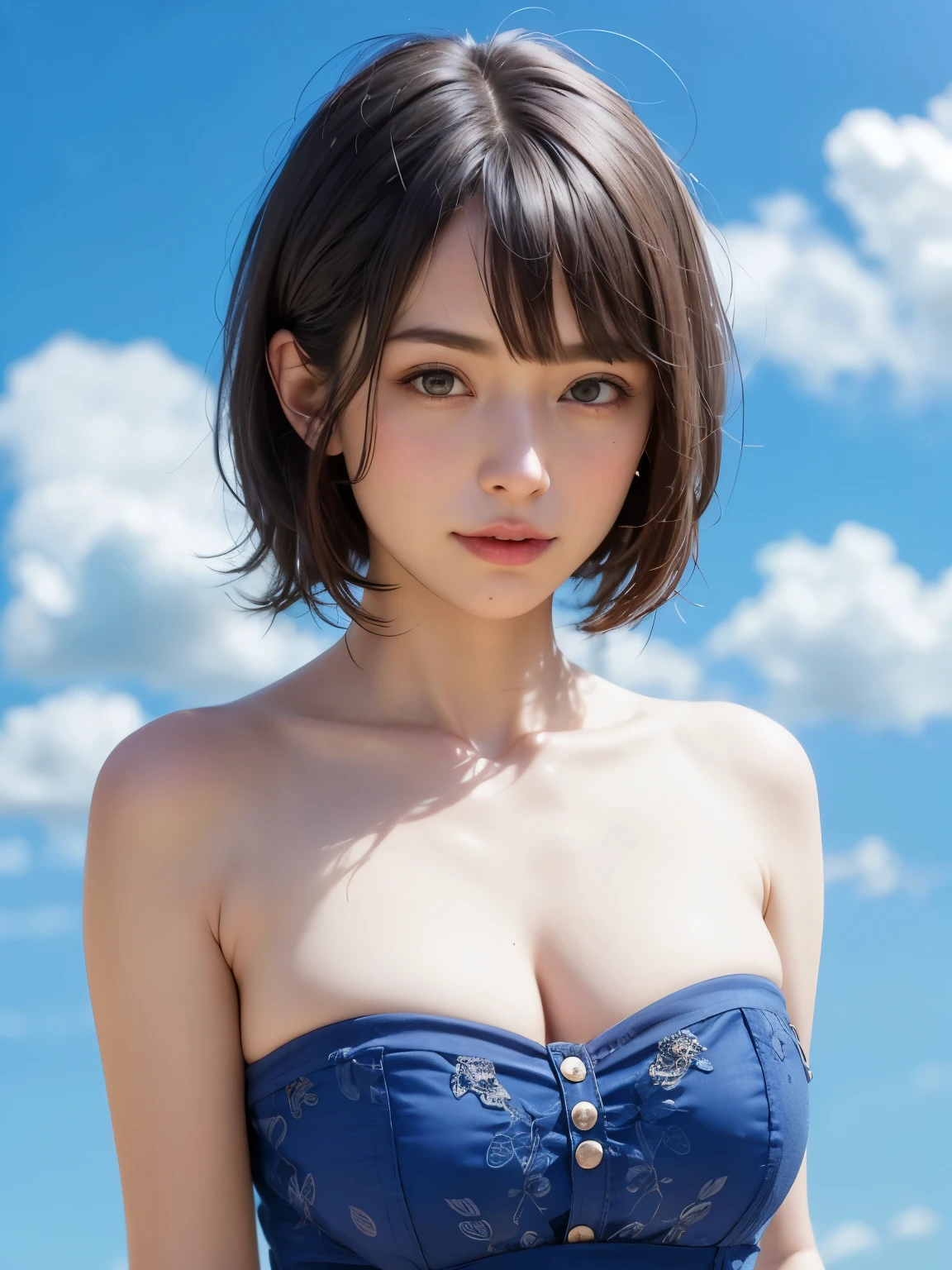 (Meisterwerk:1.8, highest quality:1.8),1 girl, allein:2, hyper realistisch, realistisch,realistisch, Beobachten Sie das Publikum genau, beautiful light brown eyes:1.8,Brunette Kurzes Bob-Haar with highly detailed shiny hair, Dress in white for a stylish spring look:1.4, Lepangas:1.ymmetrisch, Beautiful and sweet face), Mund geschlossen, upper body、large Brue、Wimper、{Riesig|large Brust|Ri|Mega} ganz :2, Brust&#39;s V:2、(((Set highlightthe eyes:1.6、large Brust eye、Kurzes Bob-Haautiful white shiny skin:1.4、She is very beautiful and st、zeig mir deine Ohren、beautiful long neck、smile、Close your mouth and smile、Bangs and beautiful teeth)))、Ideal body type、((Beautiful blue sky background:2、 Blue sky background with beautiful clouds:2、Hintergrund des blauen Himmels mit Farbverlauf:2))、beautiful long neck:1.4、(({riesig|large|Riesig|Mega} Brust, Brust&#39;s Valley:2))、((rait pag:2、Gesicht Nahaufnahme:2、Gesicht Nahaufnahme:2、Dutch angle shot、Dramatischer Winkel)))、perfekte Anatomie