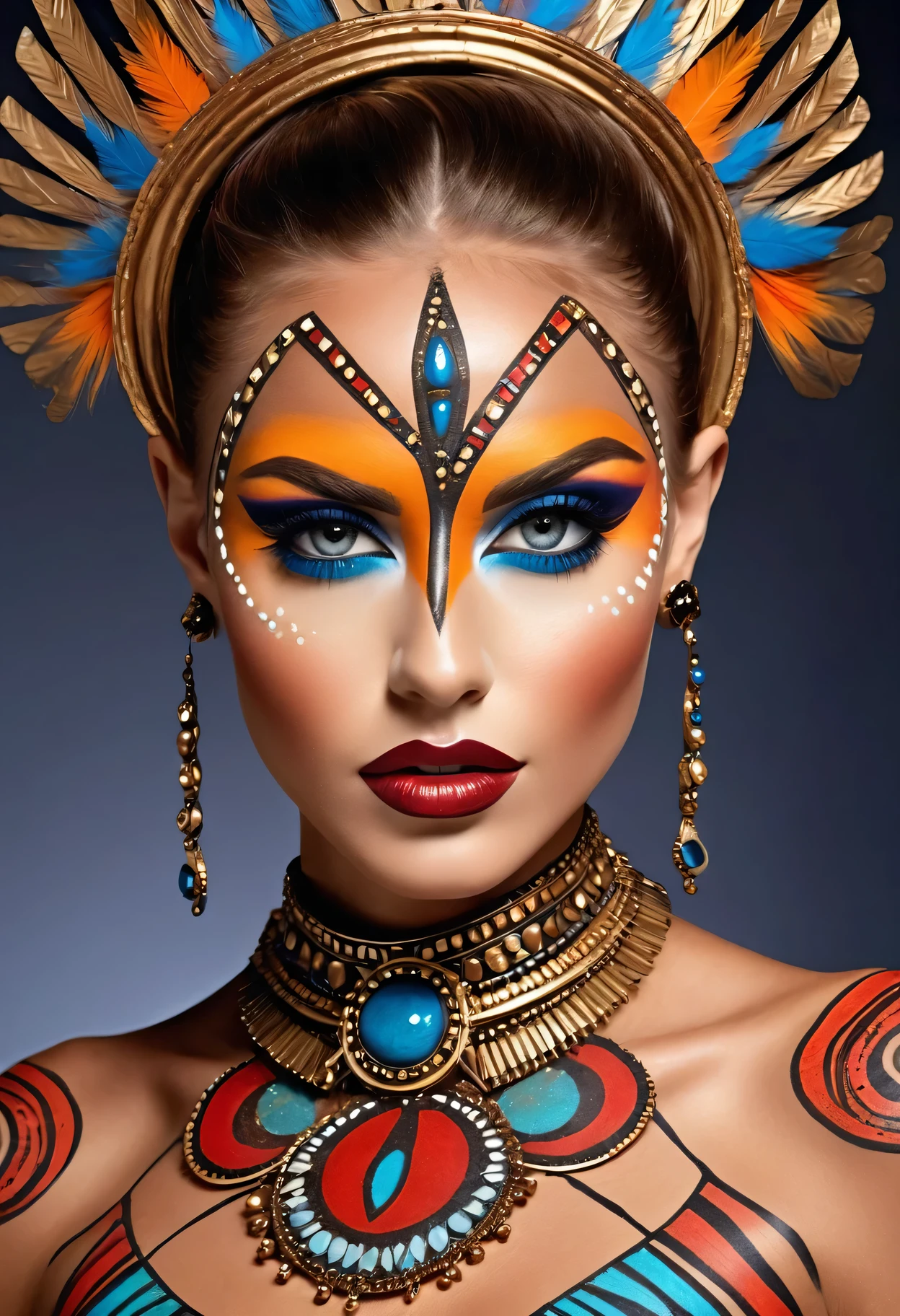 Professional fashion photography of people with innovative makeup,
BREAK Supermodel, Detailed beautiful face, Aesthetic, Tribal Makeup, sex makeup, Avant-garde cosmetics, bold color palette, artistic face painting, The beauty of the future, High Fashion Makeup Style, striking facial features, creative makeup art, Abstract Beauty, surreal details, Vibrant and unconventional makeup, beauty innovation, Cutting-edge makeup technology,
Best quality, high quality, masterpiece, Flat Color,
State-of-the-art lighting technology, High Dynamic Range, Bright and accurate colors, Meticulous attention to detail, visually stunning, Emotionally engaging, In sharp contrast, Digital Quality, Cinema quality, subtle shading, Complex shadows, Depth of immersion, Advanced rendering, Depth of Field, Clear focus, Depth and perspective, Bokeh, Film Grain,