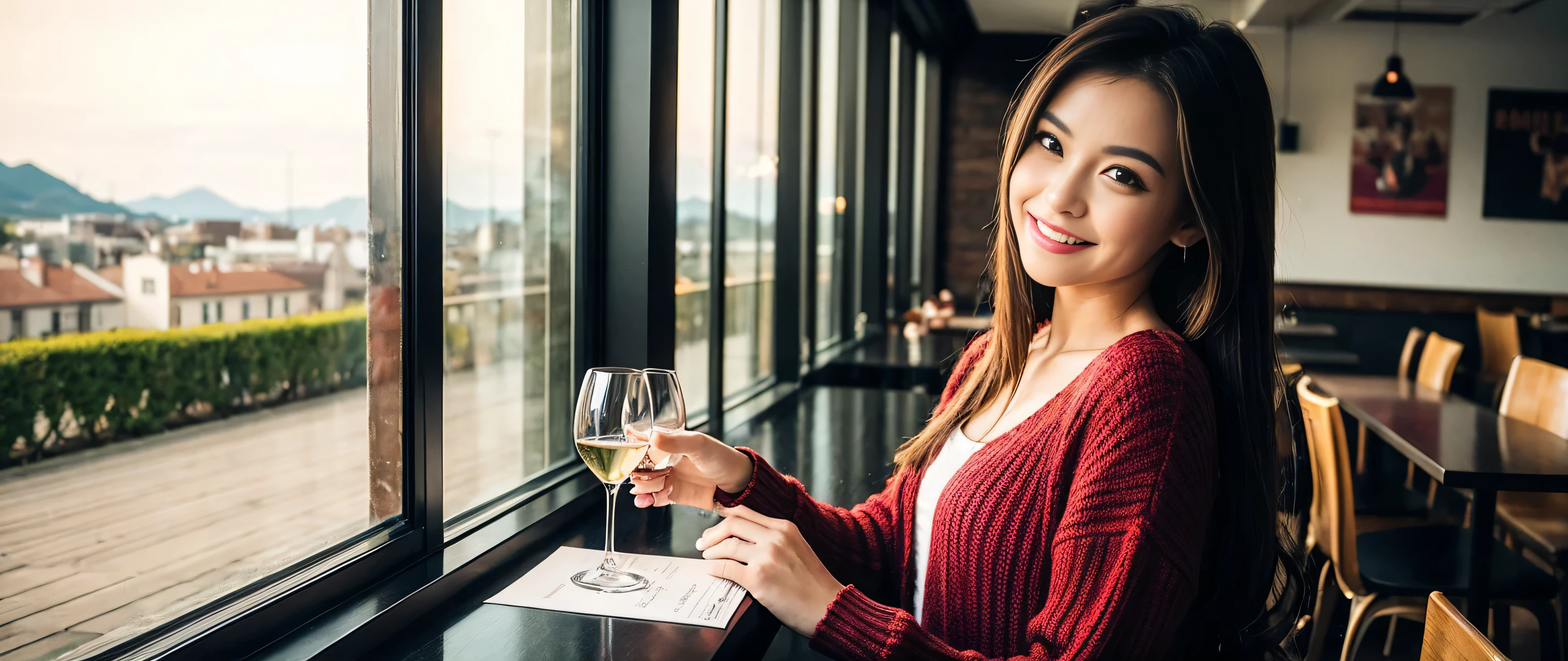 ((highest quality、8k、masterpiece:1.3))、Two beautiful women、Slim body、((Bob Hale、Straight hair:1.2))、(to be born, highest quality, masterpiece:1.5), (Realistic, Intricate details:1.2), Ultra-high resolution, Wine glass on the table、Lighting the face、Amazing view of the sunset sky and clouds、Amazing mountain views、A bright smile、A lovely woman with a smile、Bright image、The beauty of wine, Beautiful Face, blue eyes, The light shines on your face, Blushing, short hair,Bright Face、 (41 years old), 39 years old, Lady、red wine 、Appetizers、Italian food、Wine bottle、Champagne、sparkling wine、Two beauties、Brown Hair、Shortcuts、Long sleeve shirt、dress、Pretty Woman 1, (Slim face), (The body is slim), (Brown Hair), (Shortcuts), cheeks turn a little red,Attractive beauty、, Out of the window, A beautiful and detailed night view unfolds.........., restaurant, In a prominent place (From the waist up) Nova Frog Style, actress, model, Upper Body, White wine, slim, wine glass, A wine glass placed in the middle, smile, (smile: 1.15), Beautiful fine grain, Depth f/2,saturation, High Contrast, Strong light and shadow,Moist Body:1.5、3D texture、Delicate eyes、Brown Hair、The hair is very shiny、