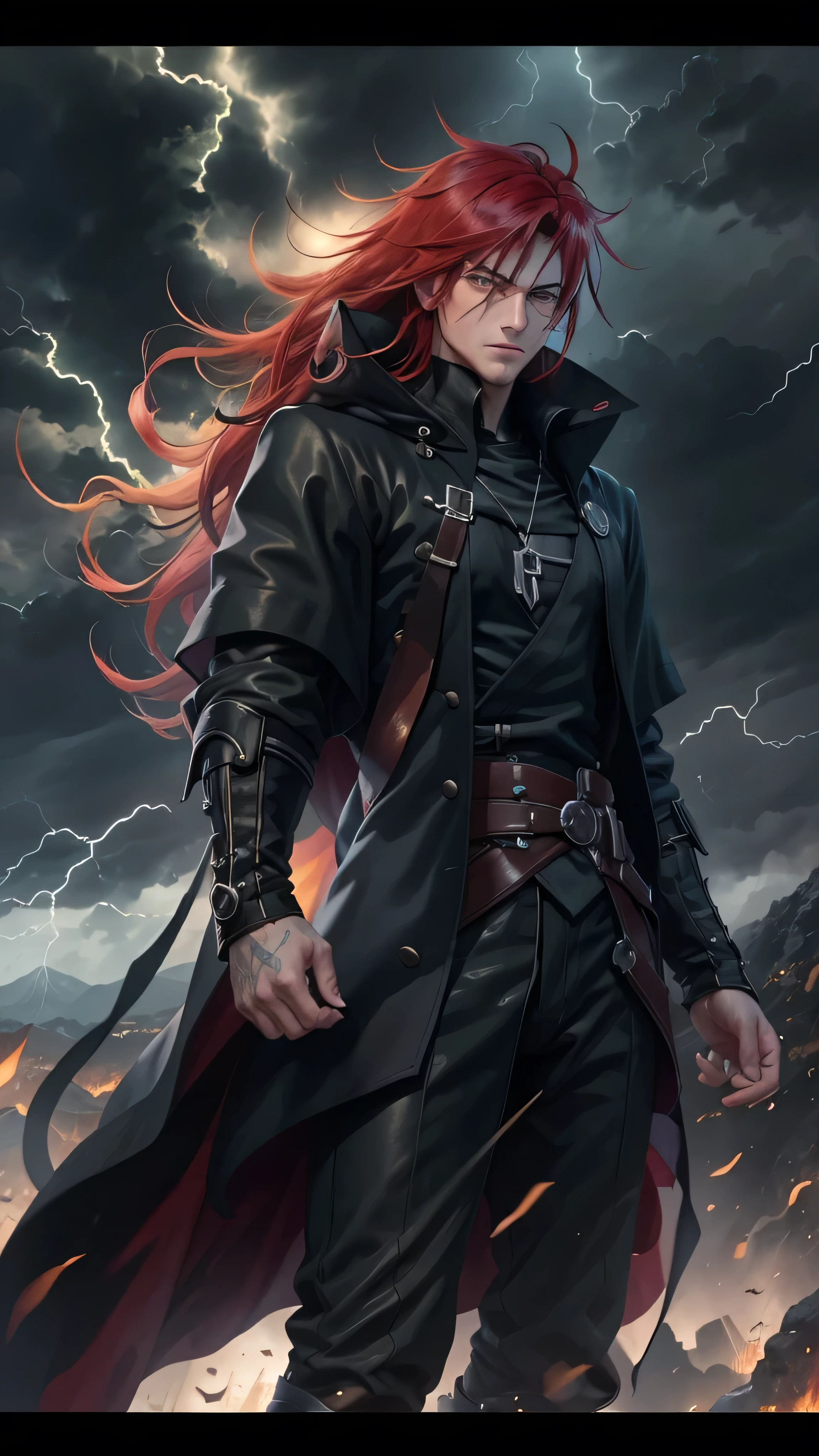 Male ninja, highly detailed, masterpiece, best quality, correct hands, long red hair, long hair, correct eyes, green eyes, bright green eyes, ((black pants, black cloak, black shirt, black vest,)) smug look, mountain background, storm, lightning, stormy atmosphere, surrounded by lightning, green lightning, green static sparks,