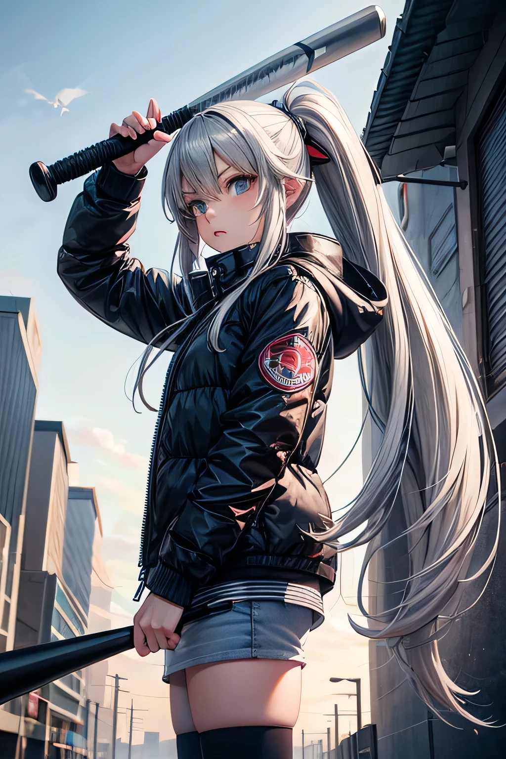 Girl with long gray hair, baseball bat, wearing a puffer jacket, anime, character, realistic and cartoon-like character