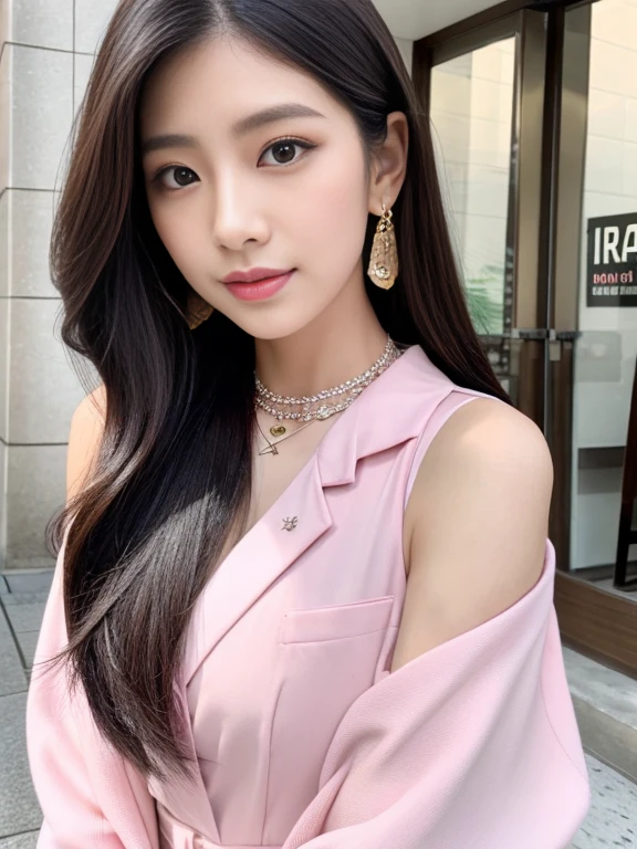 Popular fashionに身を包んだ女性の全身接写，gorgeous young Korean women，Street Corner，Wear trendy fashion，fashion show，Formal attire，Rich Expressions，Ambiguous，Attractions， 美しいKorean women， Korean Girls， 美しい若いKorean women， Beautiful Asian Girl，Popular fashion， Korean women， sloth，Asian Girl， Beautiful Asian Woman， Good young girl， The blazing sun， Nipple Top，hair ornaments，Choker Necklace，gem ，Attractive girl，(Casual Hairstyles, No milk leakage:0.8)，Perfect body，Perfect Proportions，S-shaped body，double eyelid，Large Eyes，Pink Lips，Dimples，Shiny skin，Sweat from the front，Clothes cover the chest