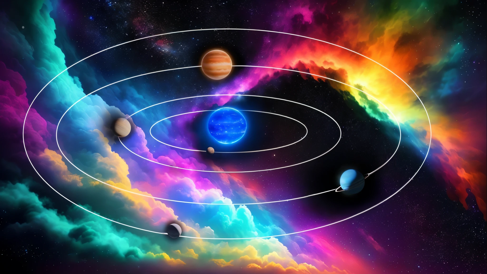 a picture illustration of a solar system with planets and a star in the background, planets orbit, planets in orbit, cosmic and colorful, planets in the skies, planets in the sky, planets in the background, planets, planets colliding, five planets, solar system, planets on the background, planets align, planets behind, planets and galaxies, floating planets
