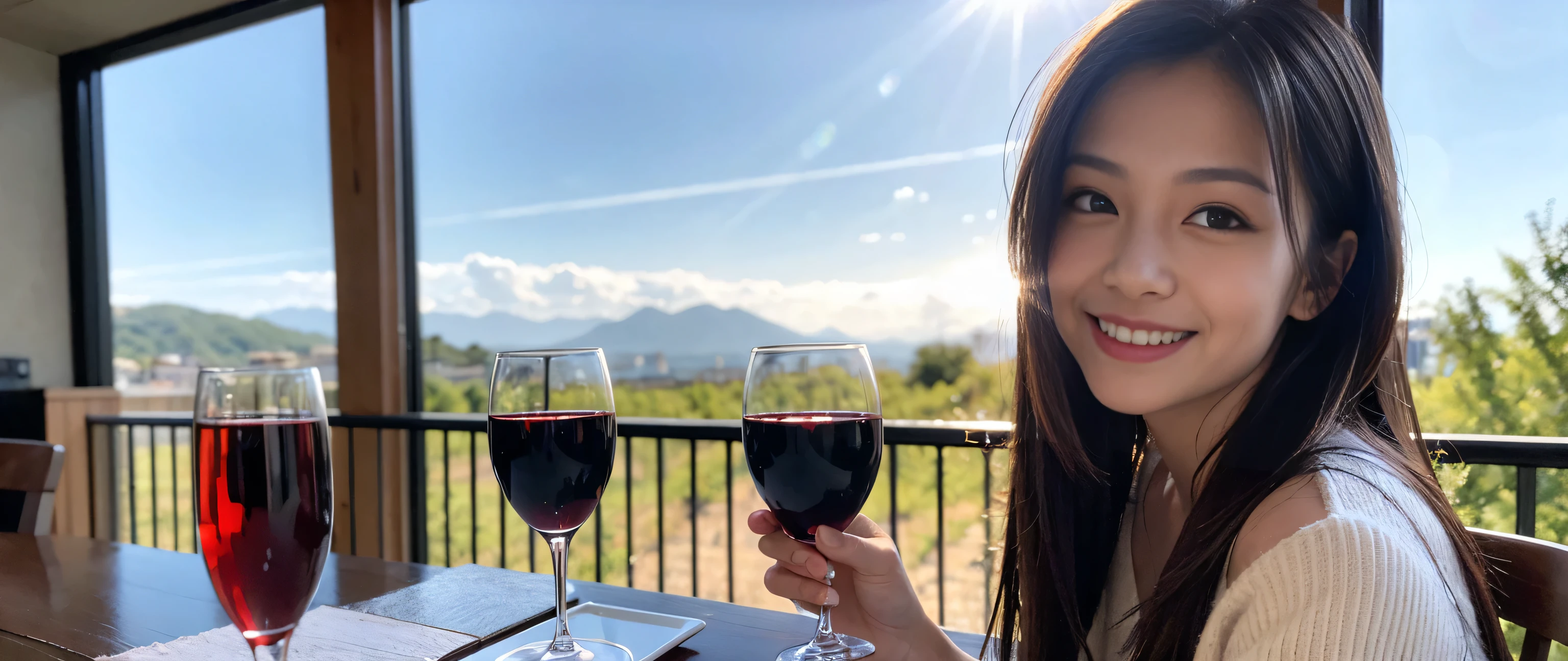 ((highest quality、8k、masterpiece:1.3))、Two beautiful women、Slim body、((Bob Hale、Straight hair:1.2))、(to be born, highest quality, masterpiece:1.5), (Realistic, Intricate details:1.2), Ultra-high resolution, Wine glass on the table、Lighting the face、Amazing view of the sunset sky and clouds、Amazing mountain views、A bright smile、A lovely woman with a smile、Bright image、The beauty of wine, Beautiful Face, blue eyes, The light shines on your face, Blushing, short hair,Bright Face、 (Age 37), 39 years old, Lady、red wine 、Appetizers、Italian food、Wine bottle、Champagne、sparkling wine、Two beauties、Brown Hair、Shortcuts、Long sleeve shirt、dress、Pretty Woman 1, (Slim face), (The body is slim), (Brown Hair), (Shortcuts), cheeks turn a little red,Attractive beauty、, Out of the window, A beautiful and detailed night view unfolds.........., restaurant, In a prominent place (From the waist up) Nova Frog Style, actress, model, Upper Body, White wine, slim, wine glass, A wine glass placed in the middle, smile, (smile: 1.15), Beautiful fine grain, Depth f/2,saturation, High Contrast, Strong light and shadow,Moist Body:1.5、3D texture、Delicate eyes、Brown Hair、The hair is very shiny、