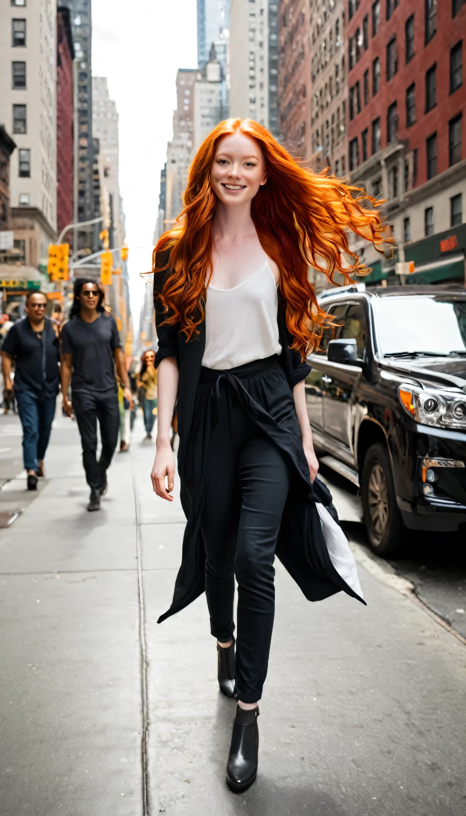 In the heart of New York City, a striking 22-year-old woman with long, flowing red hair takes a leisurely stroll, her beauty and confidence radiating with every step.