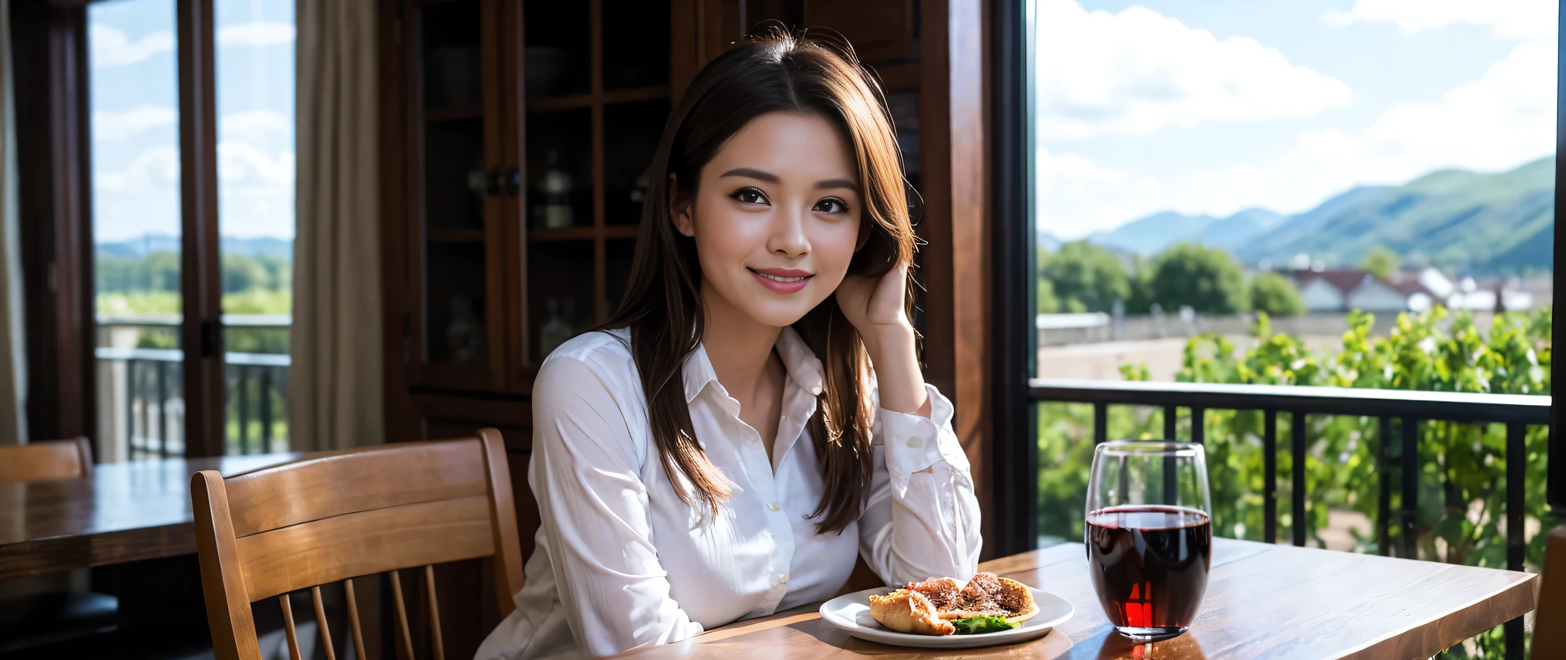 ((highest quality、8k、masterpiece:1.3))、Two beautiful women、Slim body、((Bob Hale、Straight hair:1.2))、(to be born, highest quality, masterpiece:1.5), (Realistic, Intricate details:1.2), Ultra-high resolution, Wine glass on the table、Lighting the face、Amazing view of the sunset sky and clouds、Amazing mountain views、A bright smile、A lovely woman with a smile、Bright image、The beauty of wine, Beautiful Face, blue eyes, The light shines on your face, Blushing, short hair,Bright Face、 (33 years old), 39 years old, Lady、red wine 、Appetizers、Italian food、Wine bottle、Champagne、sparkling wine、Two beauties、Brown Hair、Shortcuts、Long sleeve shirt、dress、Pretty Woman 1, (Slim face), (The body is slim), (Brown Hair), (Shortcuts), cheeks turn a little red,Attractive beauty、, Out of the window, A beautiful and detailed night view unfolds.........., restaurant, In a prominent place (From the waist up) Nova Frog Style, actress, model, Upper Body, White wine, slim, wine glass, A wine glass placed in the middle, smile, (smile: 1.15), Beautiful fine grain, Depth f/2,saturation, High Contrast, Strong light and shadow,Moist Body:1.5、3D texture、Delicate eyes、Brown Hair、The hair is very shiny、