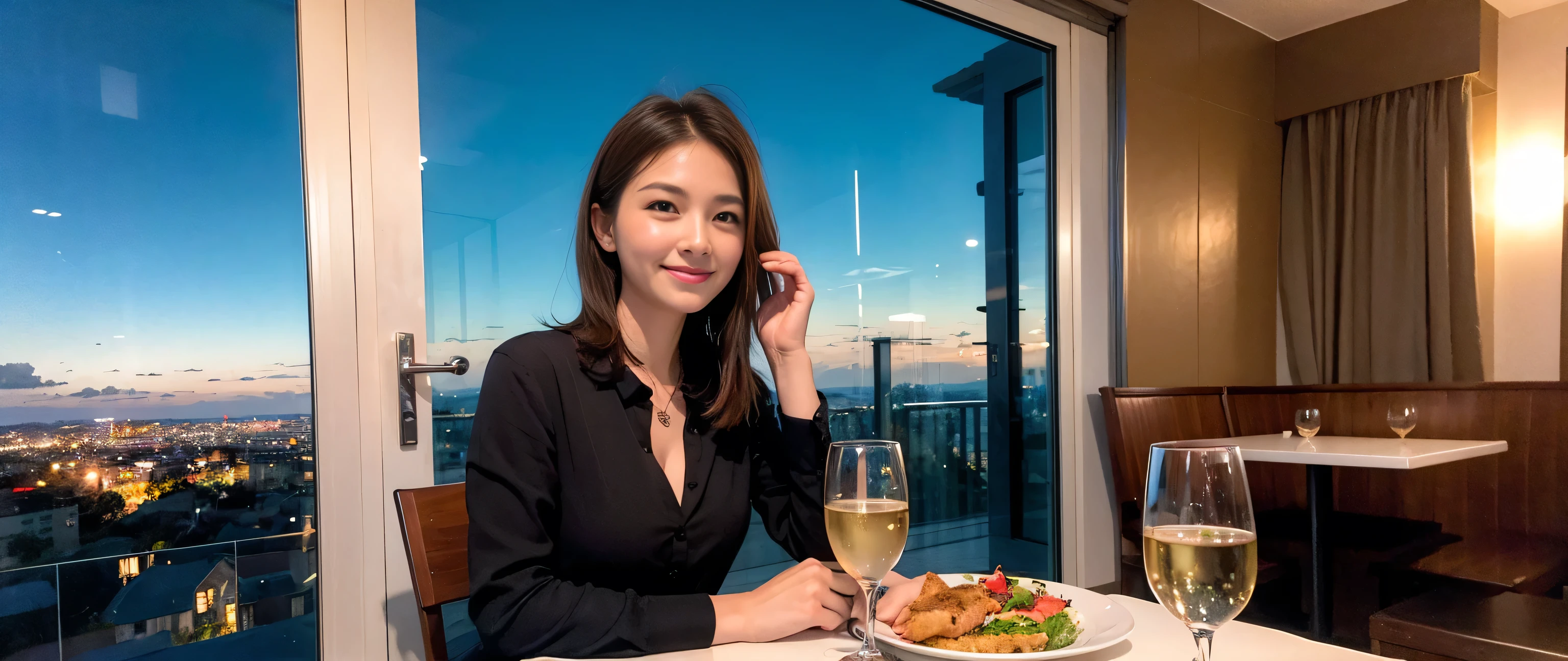 ((highest quality、8k、masterpiece:1.3))、Two beautiful women、Slim body、((Bob Hale、Straight hair:1.2))、(to be born, highest quality, masterpiece:1.5), (Realistic, Intricate details:1.2), Ultra-high resolution, Wine glass on the table、Lighting the face、Amazing view of the sunset sky and clouds、Amazing mountain views、A bright smile、A lovely woman with a smile、Bright image、The beauty of wine, Beautiful Face, blue eyes, The light shines on your face, Blushing, short hair,Bright Face、 (33 years old), 39 years old, Lady、red wine 、Appetizers、Italian food、Wine bottle、Champagne、sparkling wine、Two beauties、Brown Hair、Shortcuts、Long sleeve shirt、dress、Pretty Woman 1, (Slim face), (The body is slim), (Brown Hair), (Shortcuts), cheeks turn a little red,Attractive beauty、, Out of the window, A beautiful and detailed night view unfolds.........., restaurant, In a prominent place (From the waist up) Nova Frog Style, actress, model, Upper Body, White wine, slim, wine glass, A wine glass placed in the middle, smile, (smile: 1.15), Beautiful fine grain, Depth f/2,saturation, High Contrast, Strong light and shadow,Moist Body:1.5、3D texture、Delicate eyes、Brown Hair、The hair is very shiny、