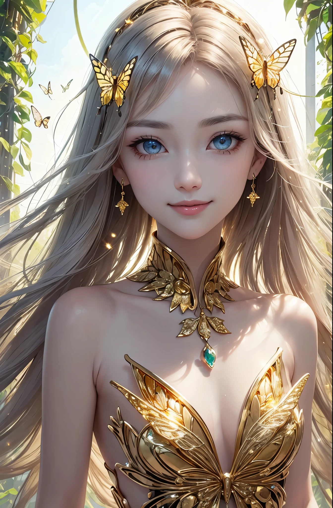 (masterpiece、highest quality、highest quality、Beautiful and beautiful:1.2)、(Good anatomy:1.5)、Focus on the face、Shining eyeilky white hair girl、Gold butterfly costume、Wear ultra-delicate silk、Jewelry Tiara、Gold butterfly wings、Adorable smile、Look away、Distant sky、Diffuse reflection of light、Gold flower、Silver Flower、Pearl Light、Earth Tree、Earth leaves、Flower of the Earth、Buzz、Fractal Art