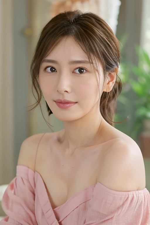 Soft color palette, Beautiful mature woman, Embarrassed look, figure, (highest quality, Very detailed), Pastel Tones, Gentle lighting, Flowing shoulder-length hair, Off-the-shoulder clothing, Beautiful breasts, plump cleavage, Delicate features, Dreamy atmosphere,