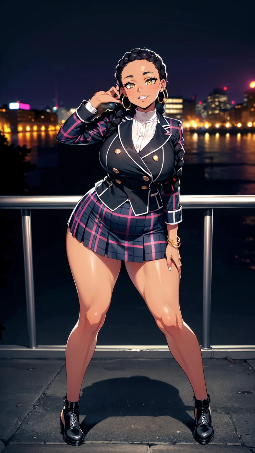 4K Quality, grinning, (sexy pose), ((full body black plaid skirt)) standing up, ((black braids)), dark skinned, thick thighs, big breasted, big ass, looking at viewer, ((amber eyes)), ((night time)), ((bedroom eyes)), full body, (city background), (after the rain), perfect face, perfect body, perfect eyes, full lips, ((hoop earrings)), (vibrant background)