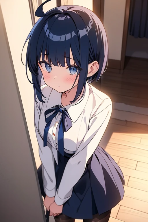 (One girl), (alone), (Focus on women), Focus on the face, blue eyes, navy hair, short hair, white one side hair ribbon, shiny skin, cowboy shot, blunt bangs,1 ahoge, make out, shy,POV,Tsundere,room,high  ,(navy skirt), (black stockings,) white shirt,