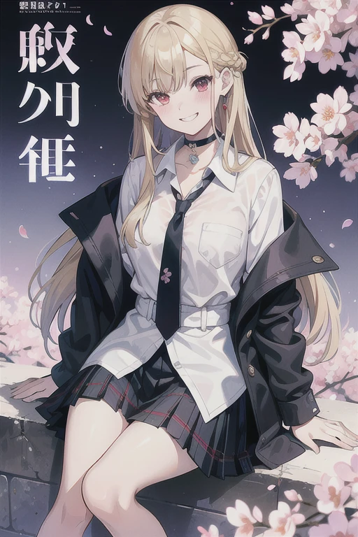 masterpiece, best quality, full body,
1girl, bangs, black choker, black necktie, blonde hair, blue skirt, blush, bracelet, breasts, choker, clothes around waist, collarbone, collared shirt, cowboy shot, dress shirt, ear piercing, eyebrows visible through hair, gradient hair, grin, gyaru, jewelry, kogal, long hair, looking at viewer, loose necktie, necktie, piercing, plaid, plaid skirt, pleated skirt, red eyes, ring, , shirt, skirt, smile, solo, white shirt,
street, sky, cherry blossoms, petals,illustration, (magazine:1.3), (cover-style:1.3), fashionable, woman, vibrant, outfit, posing, front, colorful, dynamic, background, elements, confident, expression, holding, statement, accessory, majestic, coiled, around, touch, scene, text, cover, bold, attention-grabbing, title, stylish, font, catchy, headline, larger, striking, modern, trendy, focus, fashion,
