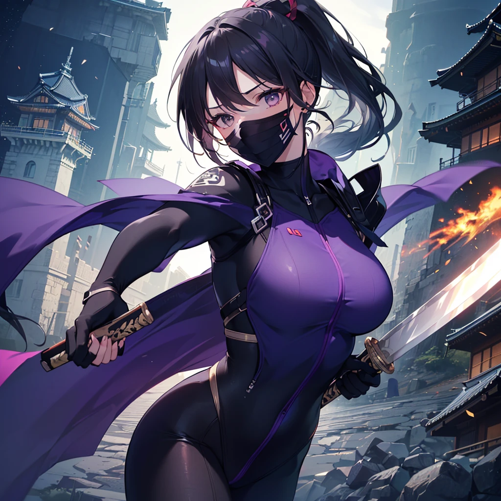 (((Best quality, 8k, Masterpiece: 1.3)), ((best quality)), ((masterpiece)), (detailed), perfect face, black hair, Dark Eyes、ponytail, mouth veil, female ninja, grim expression, holding a Japanese sword, Bold actions、running in the dark night, ninja costume、Purple bodysuit、Japanese Castle