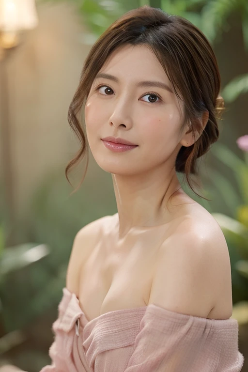 Soft color palette, Beautiful mature woman, Embarrassed look, figure, (highest quality, Very detailed), Pastel Tones, Gentle lighting, Flowing shoulder-length hair, Off-the-shoulder clothing, Beautiful breasts, plump cleavage, Delicate features, Dreamy atmosphere,