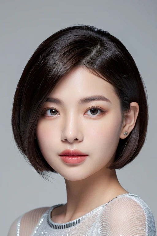 ((highest quality)), ((masterpiece)), (detailed), Perfect Face,A beautiful woman with short hair and silver mesh