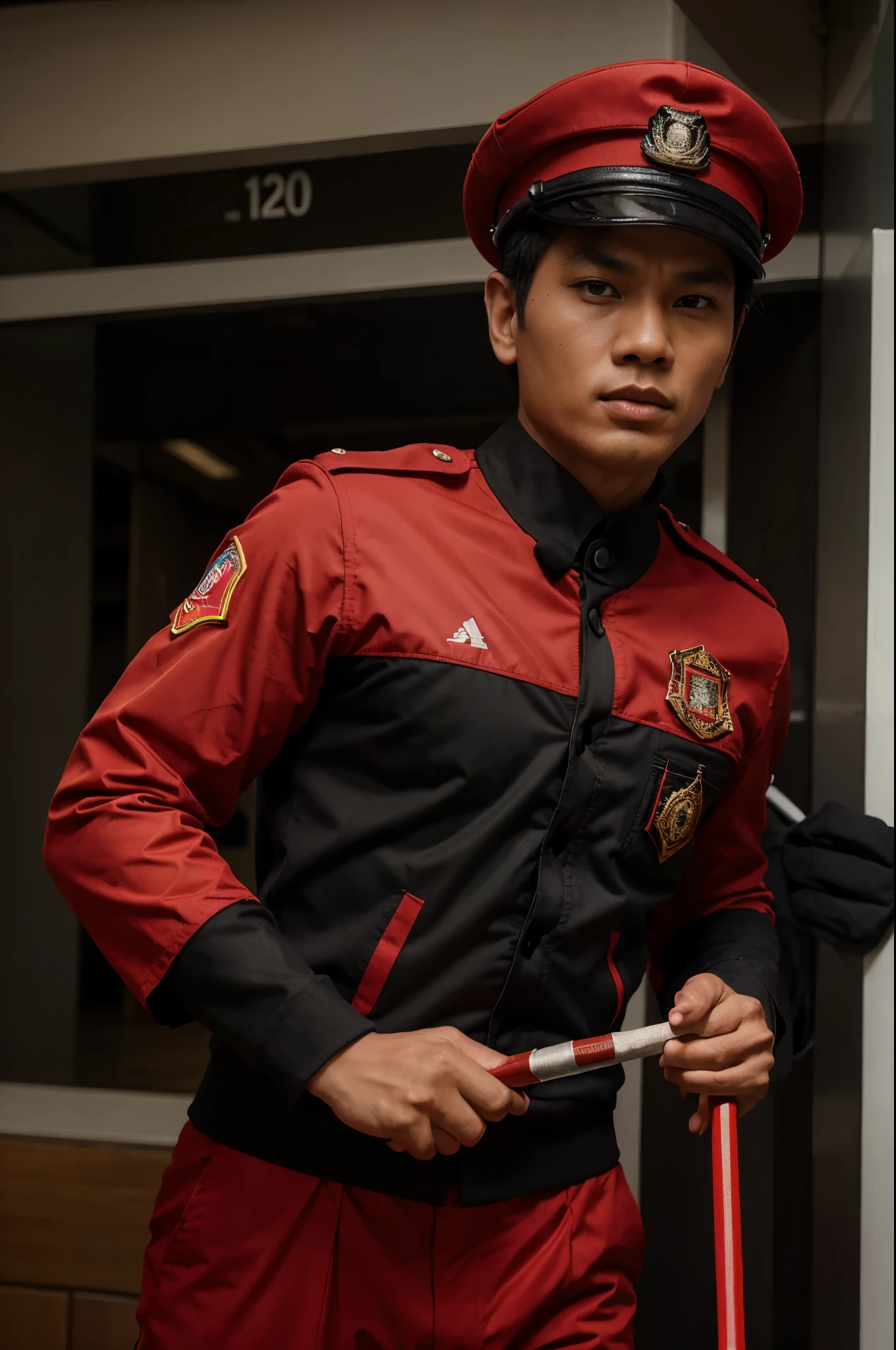 The "Garda Kange" logo features a male figure holding a command baton in his right hand, with his left hand clenched in determination. He wears the signature red beret adorned with the Gerindra party logo, atop his head, and is dressed in a black suit with a red jacket. This emblem embodies strength, leadership, and allegiance to the principles of the Gerindra party.