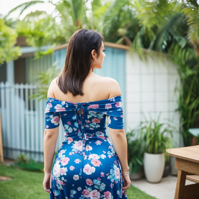 1 beautiful mature girl, milf,  from behind, sexy, curvy, Tight Knit Dress, butt clack, blue off-shoulder dress, floral print, huge butt, curvy, Long legs,  standing, full body, back  view, view from back, (no logos in the background), (no logo), ((**modern, eco-friendly home background)).