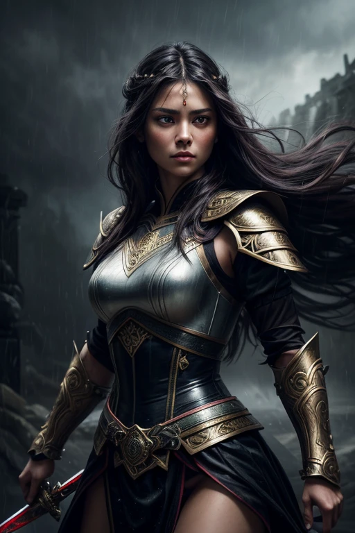 a woman with mesmerizing eyes,strong in character,strong warrior princess,with a sword,wearing traditional warrior armor and attire,dancing in the rain,with a dark stormy background,mysterious atmosphere,(oil painting:1.1),(ultra-detailed,highres),(realistic:1.37),vivid colors,subtle lighting,portrait style,contrasting color tones,expressive brushstrokes