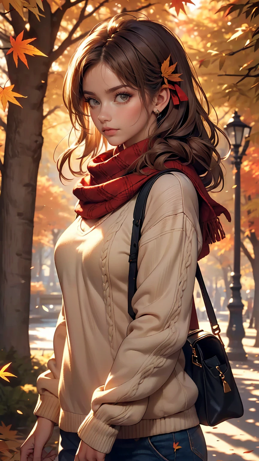 (masterpiece), highest quality, Very detailed, figure, Warm lighting, Soft lighting, Bright colors, 1 girl, alone,( beautiful girl, Long Hair, blue eyes, ribbon, Brown Hair, Hair between the eyes, hair ribbon, Side Lock, very Long Hair, Messy Hair,) , autumn, Lots of maple trees, maple leaf, Golden Leaf, autumn leaves, Dry leaves, river, Fresh air, peace, Cool breeze , Sweater Weather,( Wear a white or brown sweater, Red scarf, melancholyなautumn, Lost in Thought, melancholy, sad ,Worried, longing,)