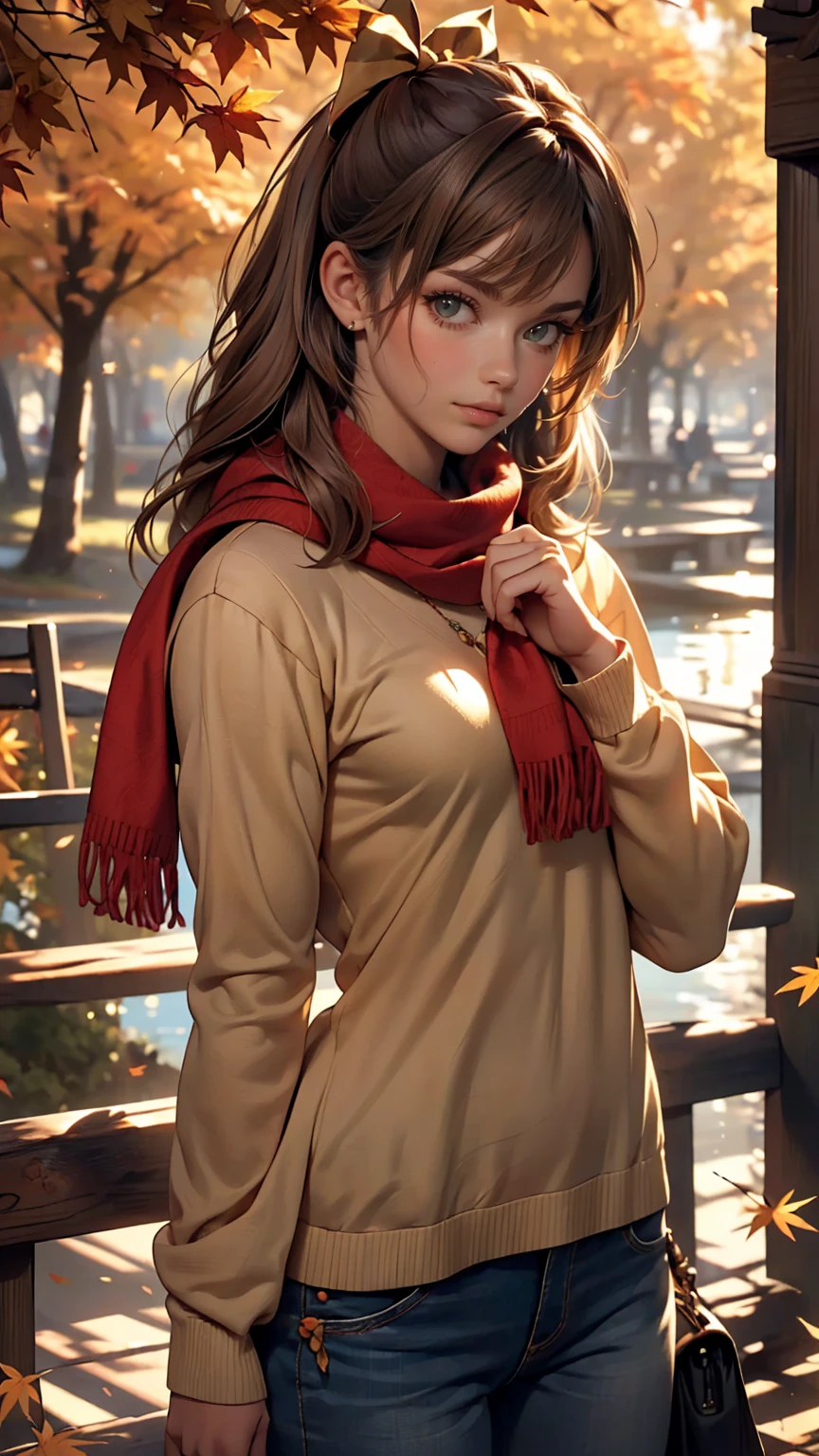 (masterpiece), highest quality, Very detailed, figure, Warm lighting, Soft lighting, Bright colors, 1 girl, alone,( beautiful girl, Long Hair, blue eyes, ribbon, Brown Hair, Hair between the eyes, hair ribbon, Side Lock, very Long Hair, Messy Hair,) , autumn, Lots of maple trees, maple leaf, Golden Leaf, autumn leaves, Dry leaves, river, Fresh air, peace, Cool breeze , Sweater Weather,( Wear a white or brown sweater, Red scarf, melancholyなautumn, Lost in Thought, melancholy, sad ,Worried, longing,)