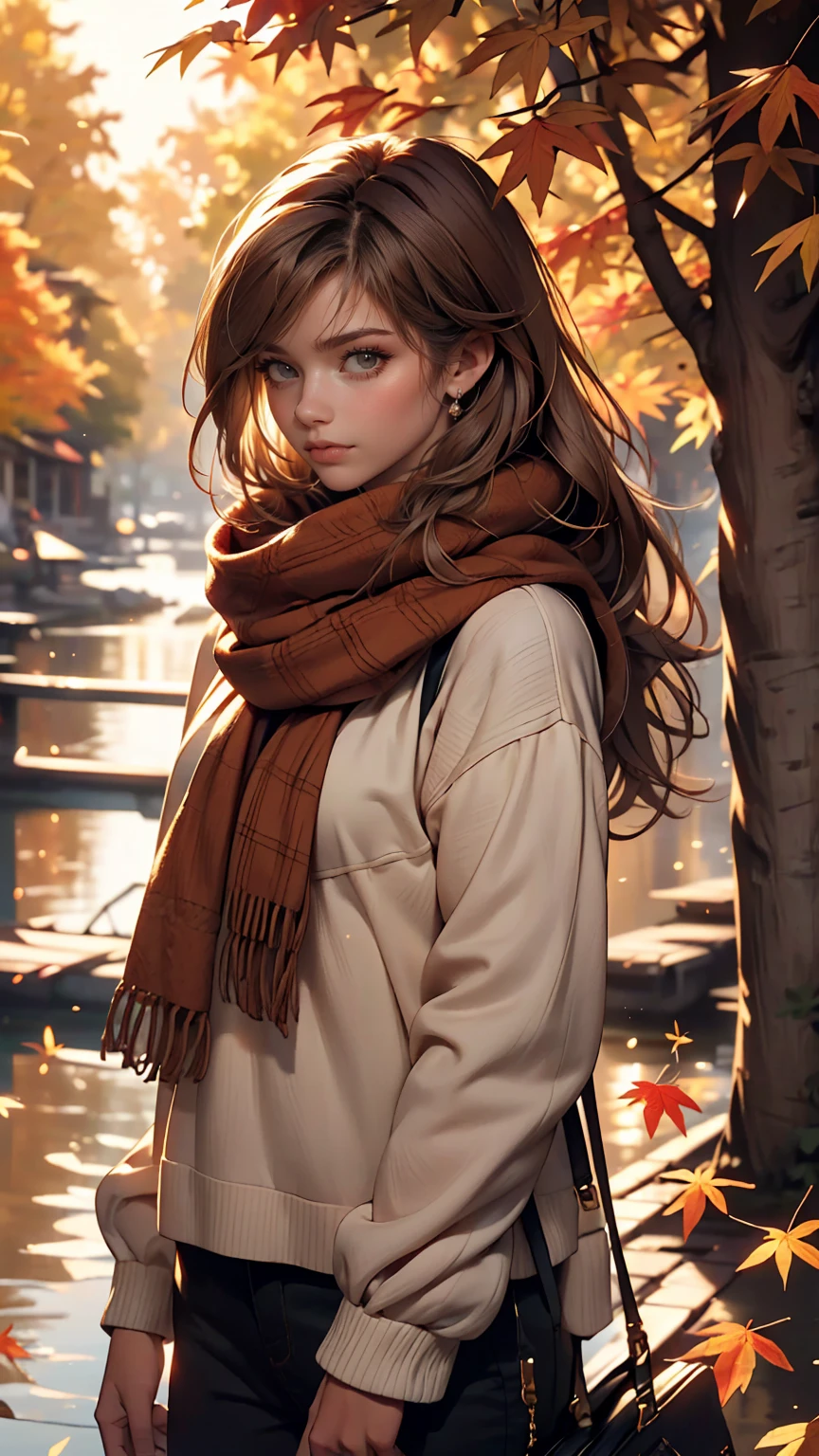 (masterpiece), highest quality, Very detailed, figure, Warm lighting, Soft lighting, Bright colors, 1 girl, alone,( beautiful girl, Long Hair, blue eyes, ribbon, Brown Hair, Hair between the eyes, hair ribbon, Side Lock, very Long Hair, Messy Hair,) , autumn, Lots of maple trees, maple leaf, Golden Leaf, autumn leaves, Dry leaves, river,  Fresh air,  peace, Cool breeze , Sweater Weather,( Wear a white or brown sweater, Red scarf, melancholyなautumn, Lost in Thought, melancholy, sad ,Worried, longing,) 