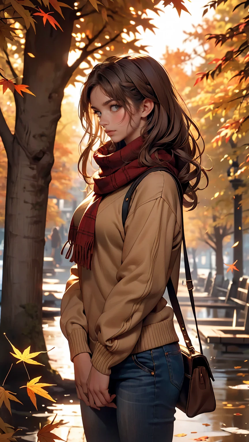 (masterpiece), highest quality, Very detailed, figure, Warm lighting, Soft lighting, Bright colors, 1 girl, alone,( beautiful girl, Long Hair, blue eyes, ribbon, Brown Hair, Hair between the eyes, hair ribbon, Side Lock, very Long Hair, Messy Hair,) , autumn, Lots of maple trees, maple leaf, Golden Leaf, autumn leaves, Dry leaves, river, Fresh air, peace, Cool breeze , Sweater Weather,( Wear a white or brown sweater, Red scarf, melancholyなautumn, Lost in Thought, melancholy, sad ,Worried, longing,)