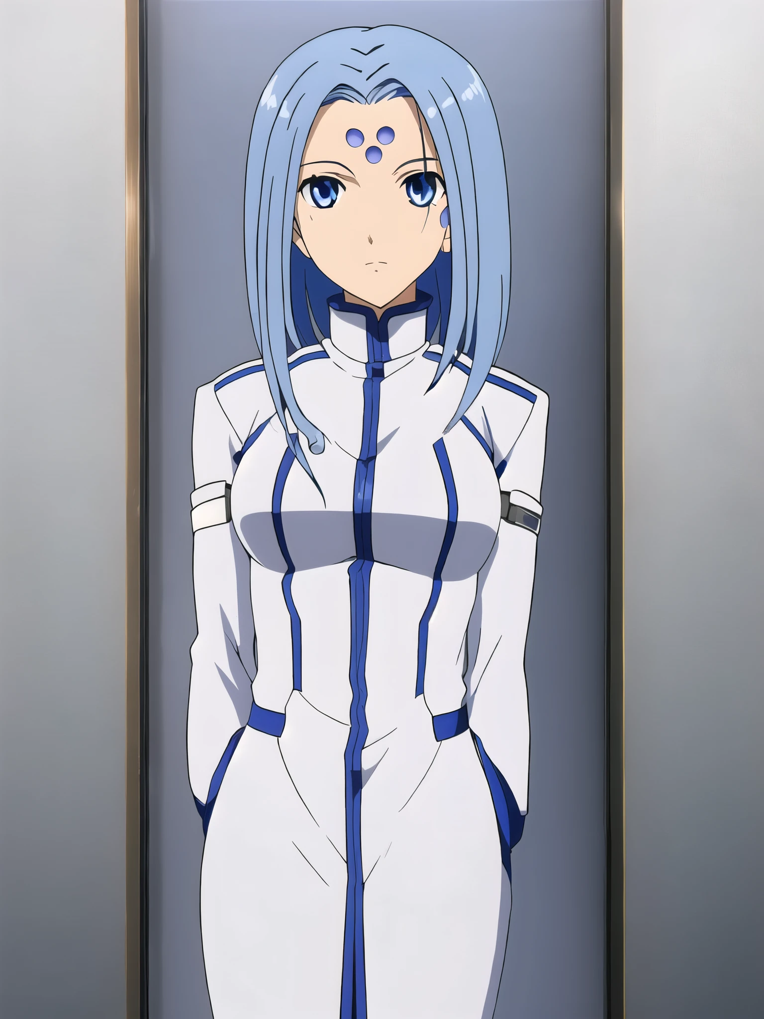 Lind, 1girl, solo, fine detail, long light blue hair, bobbed hair, asymmetrical hair, long left bang, short right bang, light blue eyes, three blue dots on forehead, fair skin, looking at viewer, standing, perfect quality, good quality, masterpiece, HDR, UHD
