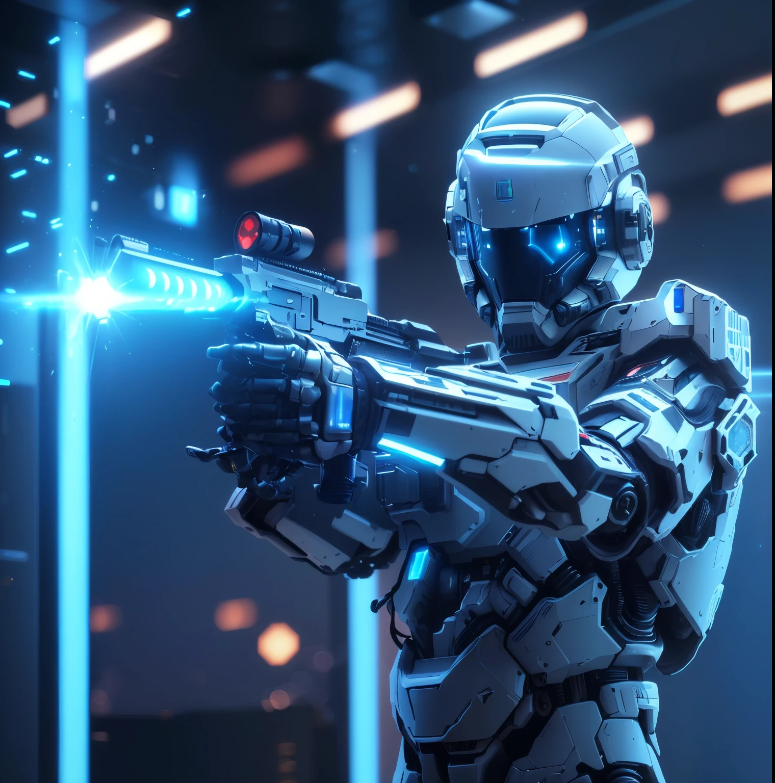 There is a robot，With a gun in his hand, space soldier on mars with a gun, Future soldiers, fps shooter game, Sci-fi soldier, With futuristic gear and helmet, Cyberpunk Soldier, Warrior in sci-fi armor, Enable ray tracing, 3D rendering 8K shooting, Octane rendering sci-fi, Wearing sci-fi military armor